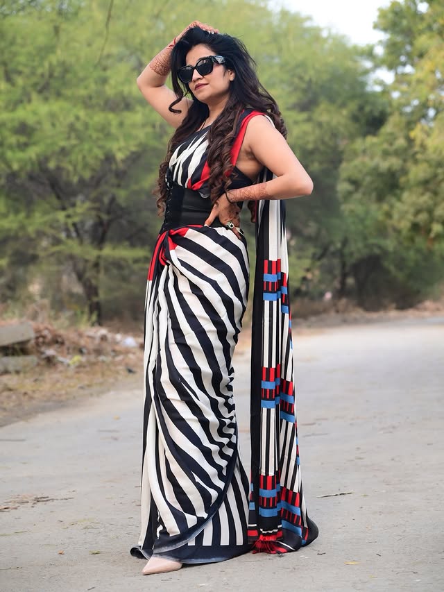 Buy MySilkLove Crow Black and White Stripes Printed Satin Crepe Silk Saree Online