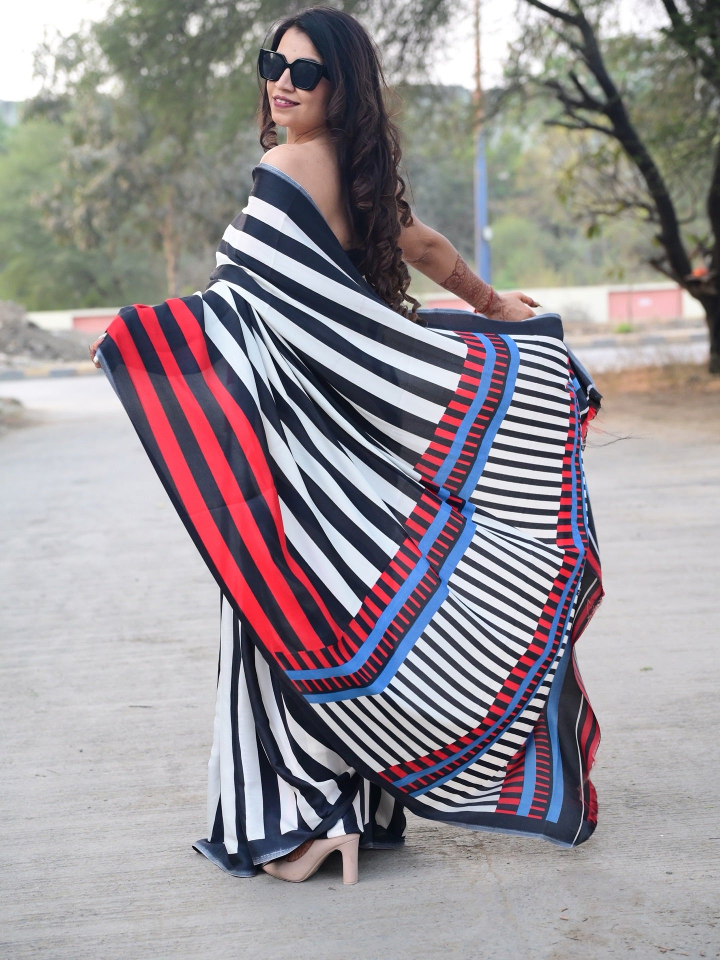 Buy MySilkLove Crow Black and White Stripes Printed Satin Crepe Silk Saree Online