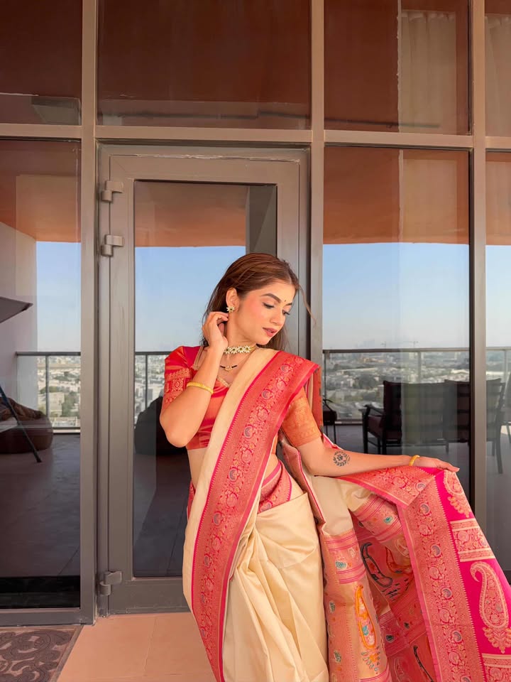 Buy MySilkLove Vanilla Cream Woven Banarasi Soft Silk Saree Online