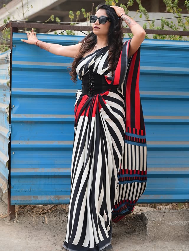 Buy MySilkLove Crow Black and White Stripes Printed Satin Crepe Silk Saree Online