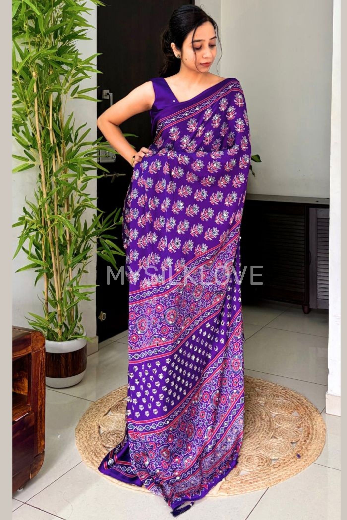 MySilkLove Jam Purple Mirror Work Ajrakh Printed Saree Without Blouse