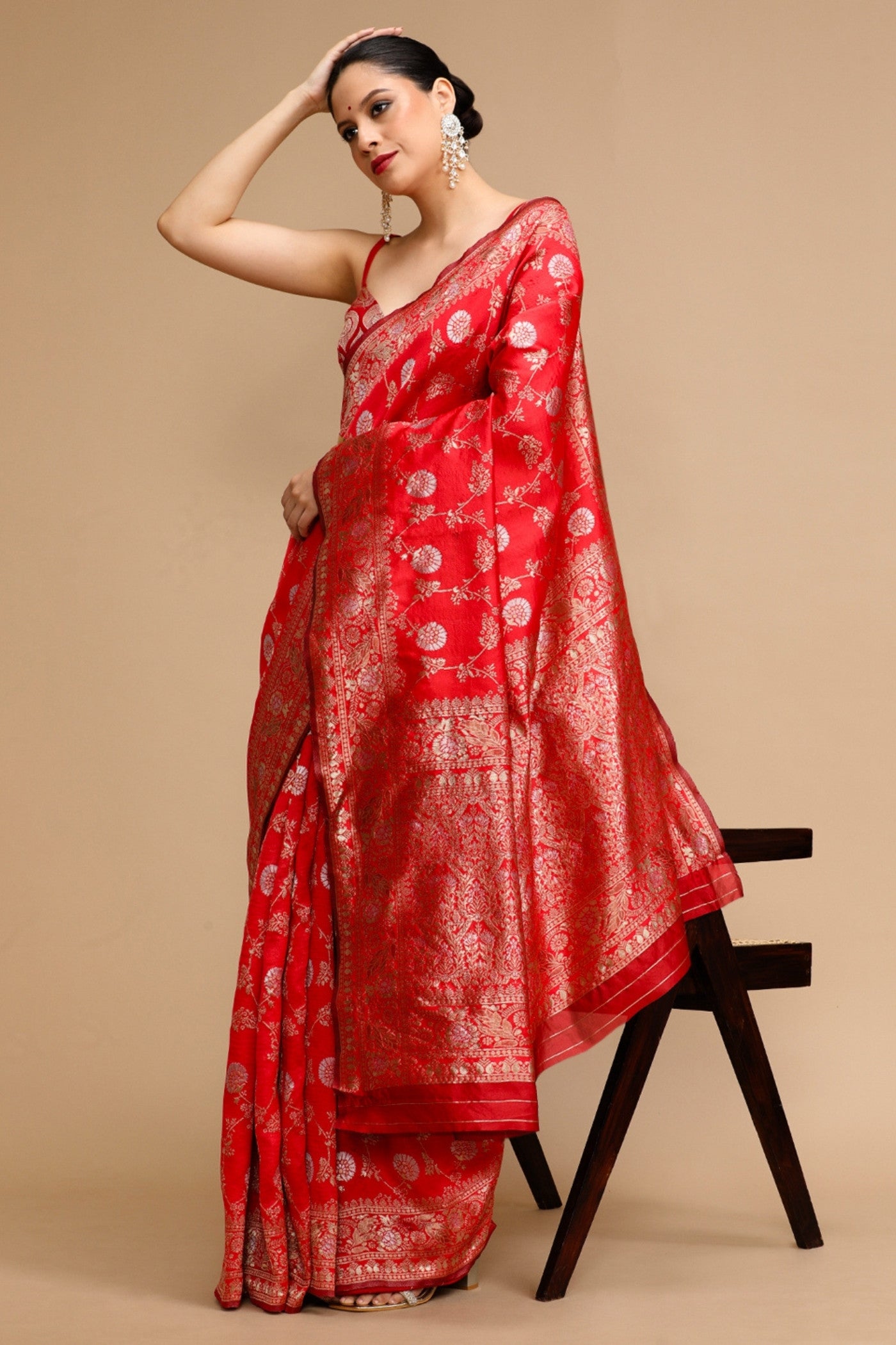 MySilkLove Scarlet Red Woven Jacquard Lichi Silk Saree