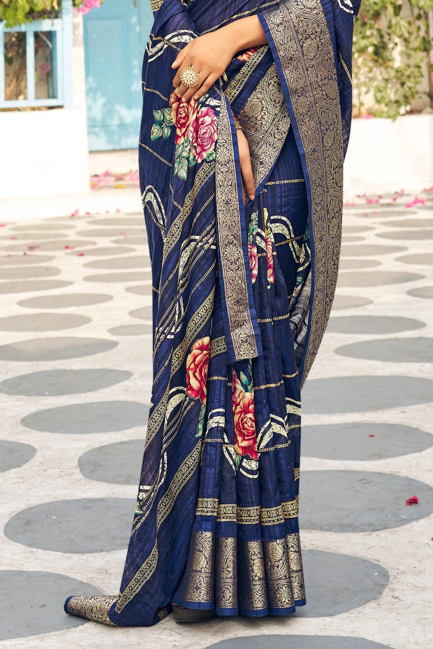 Buy MySilkLove Cloud Burst Blue Banarasi Printed Saree Online