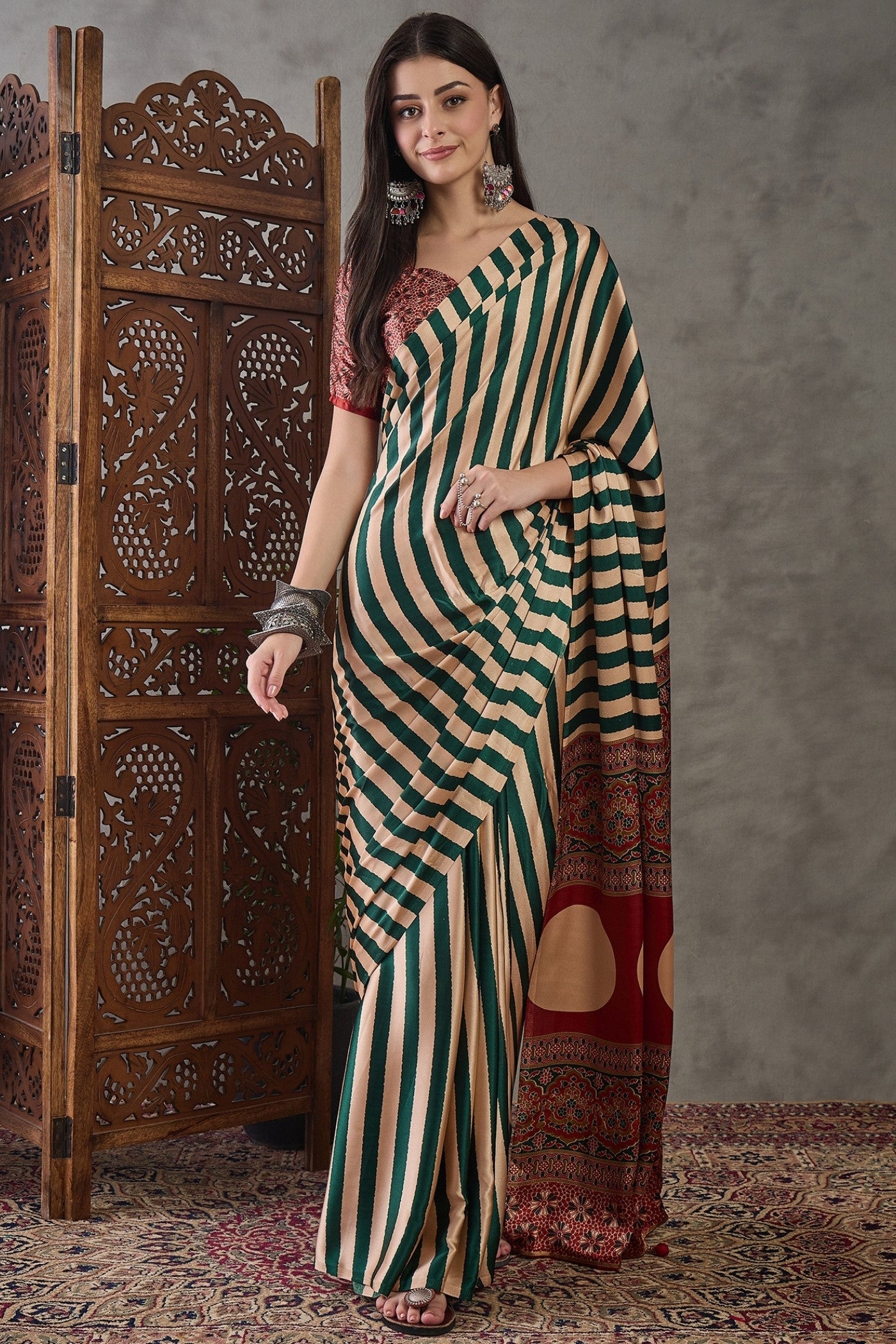 Buy MySilkLove Thyme Green Stripe Ajrakh Printed Satin Gaji Silk Saree Online
