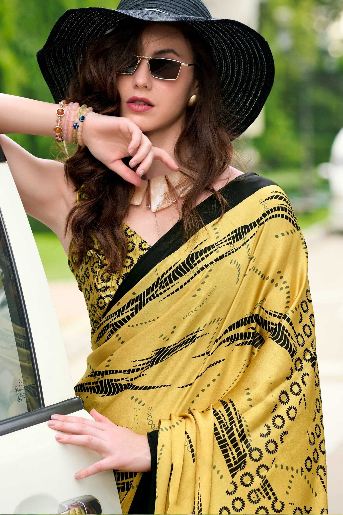 Buy MySilkLove Butter Yellow Printed Satin Crepe Saree Online