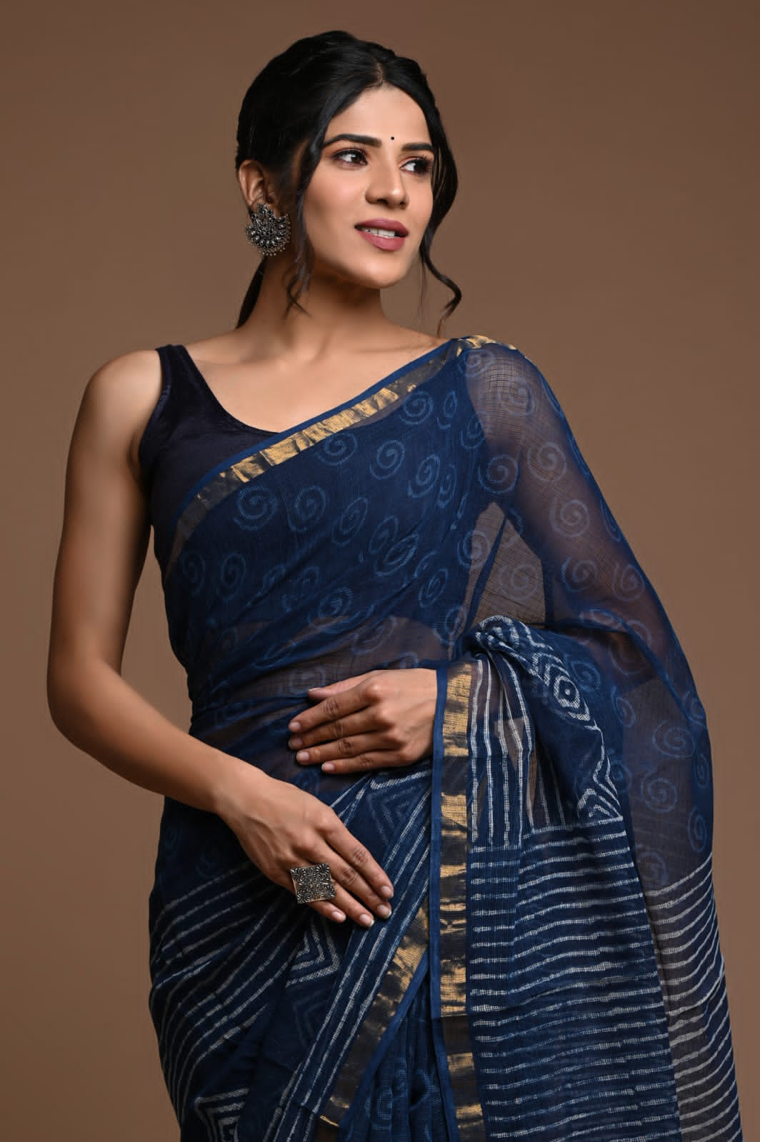 MySilkLove Charade Blue Handblock Kota Doriya Saree