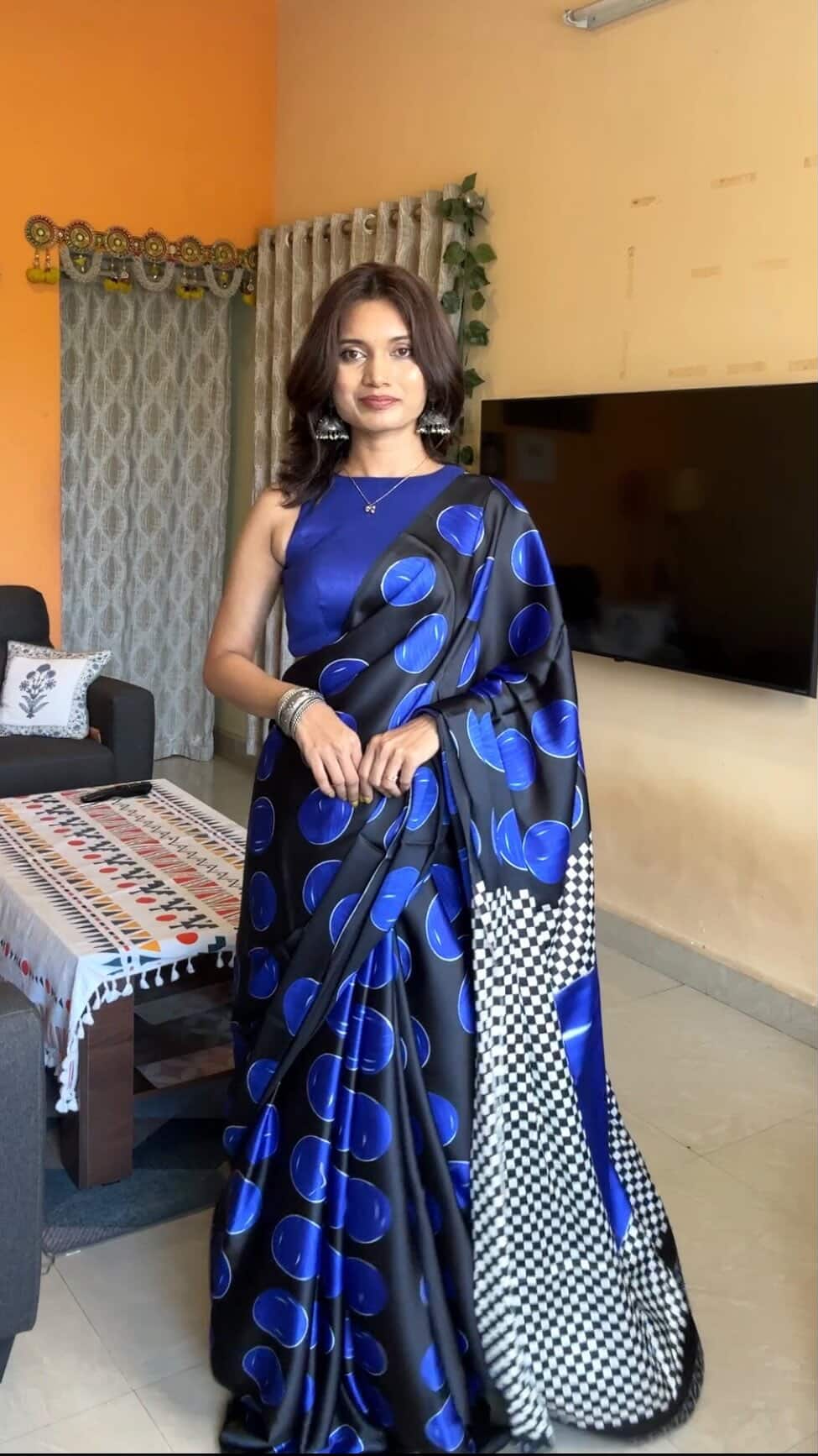 Buy MySilkLove Cobalt Blue Printed Polka Dots Satin Crepe Saree Online