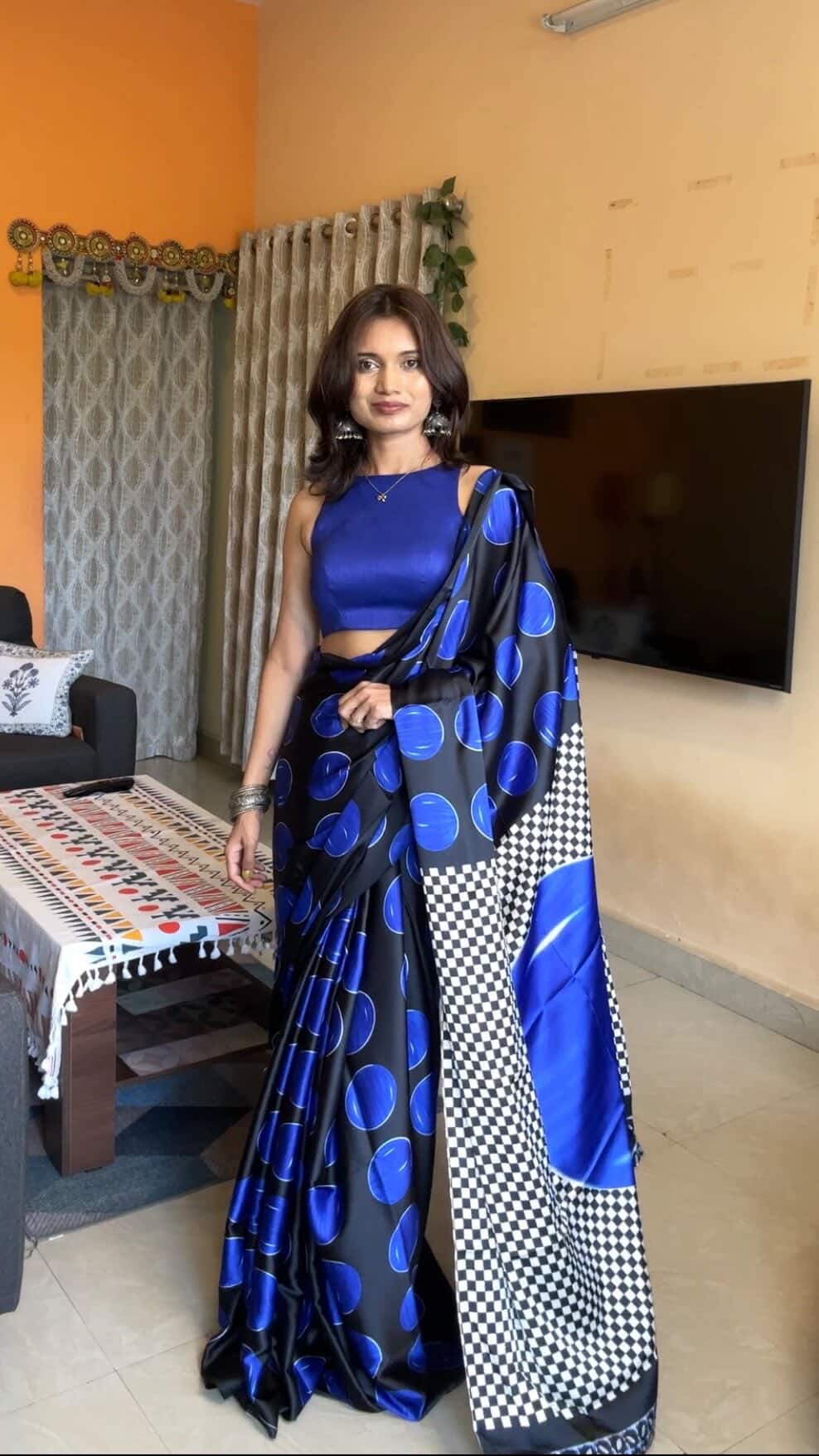 Buy MySilkLove Cobalt Blue Printed Polka Dots Satin Crepe Saree Online