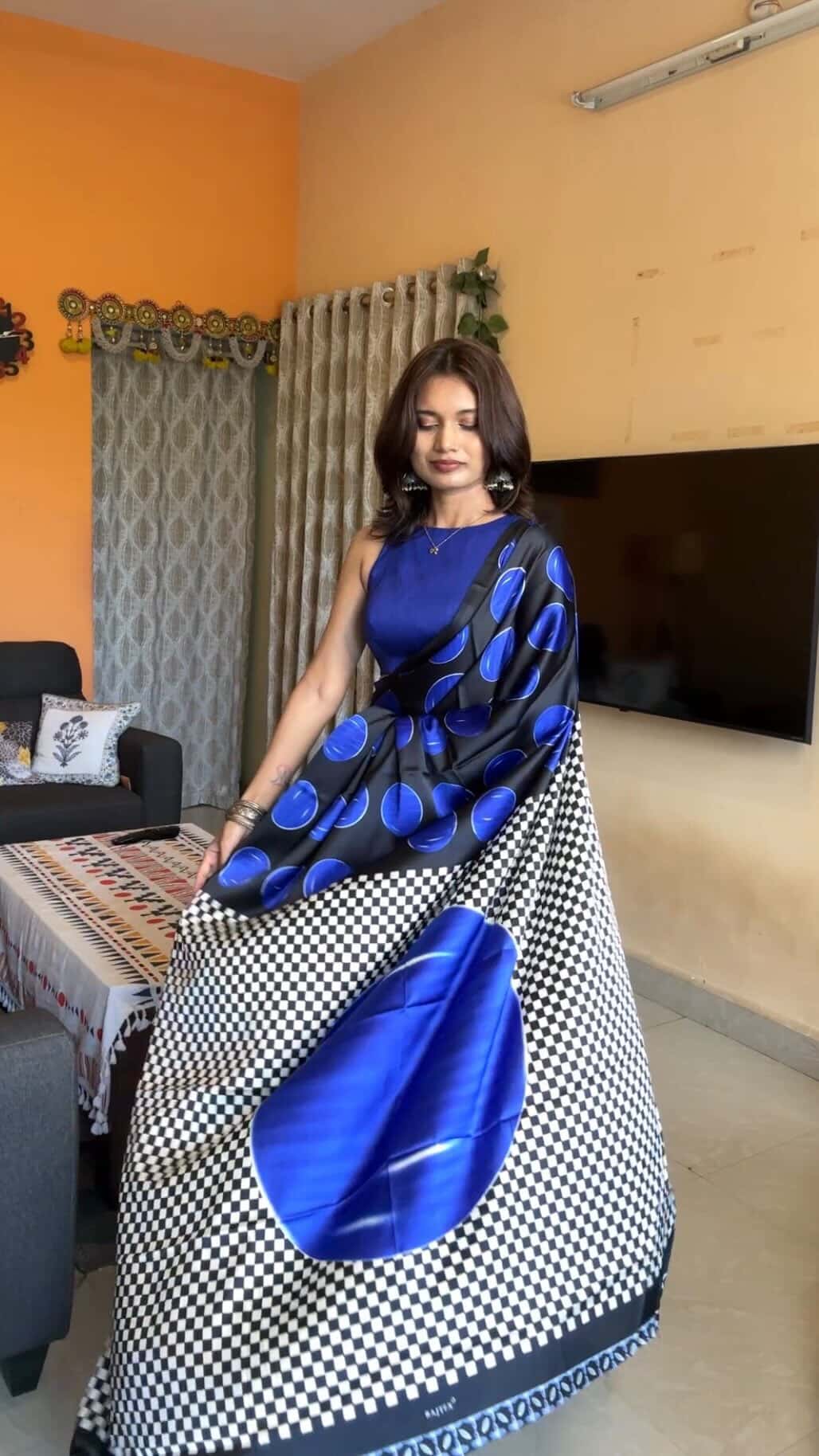 Buy MySilkLove Cobalt Blue Printed Polka Dots Satin Crepe Saree Online