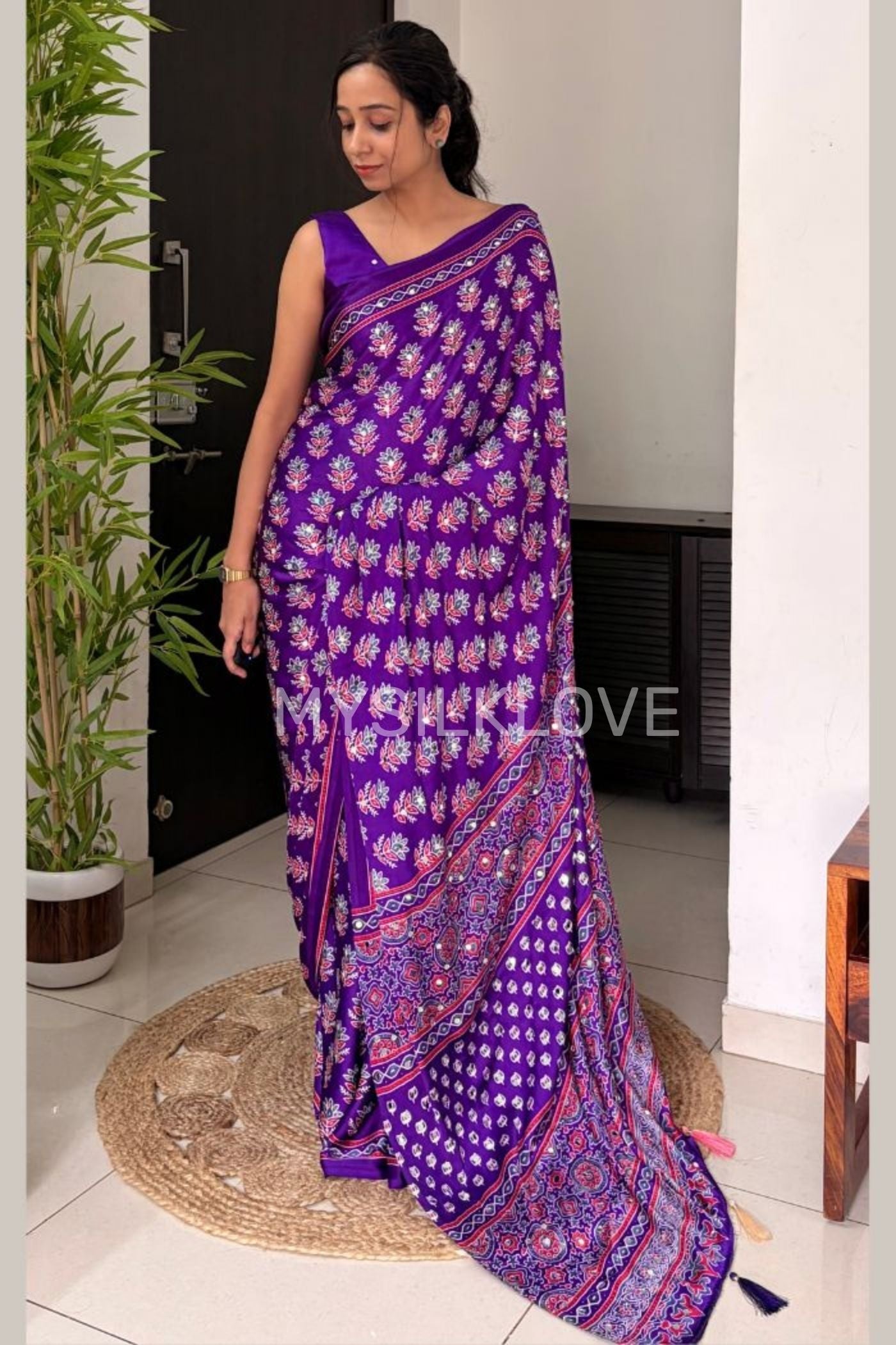 Buy MySilkLove Jam Purple Mirror Work Ajrakh Printed Saree Without Blouse Online