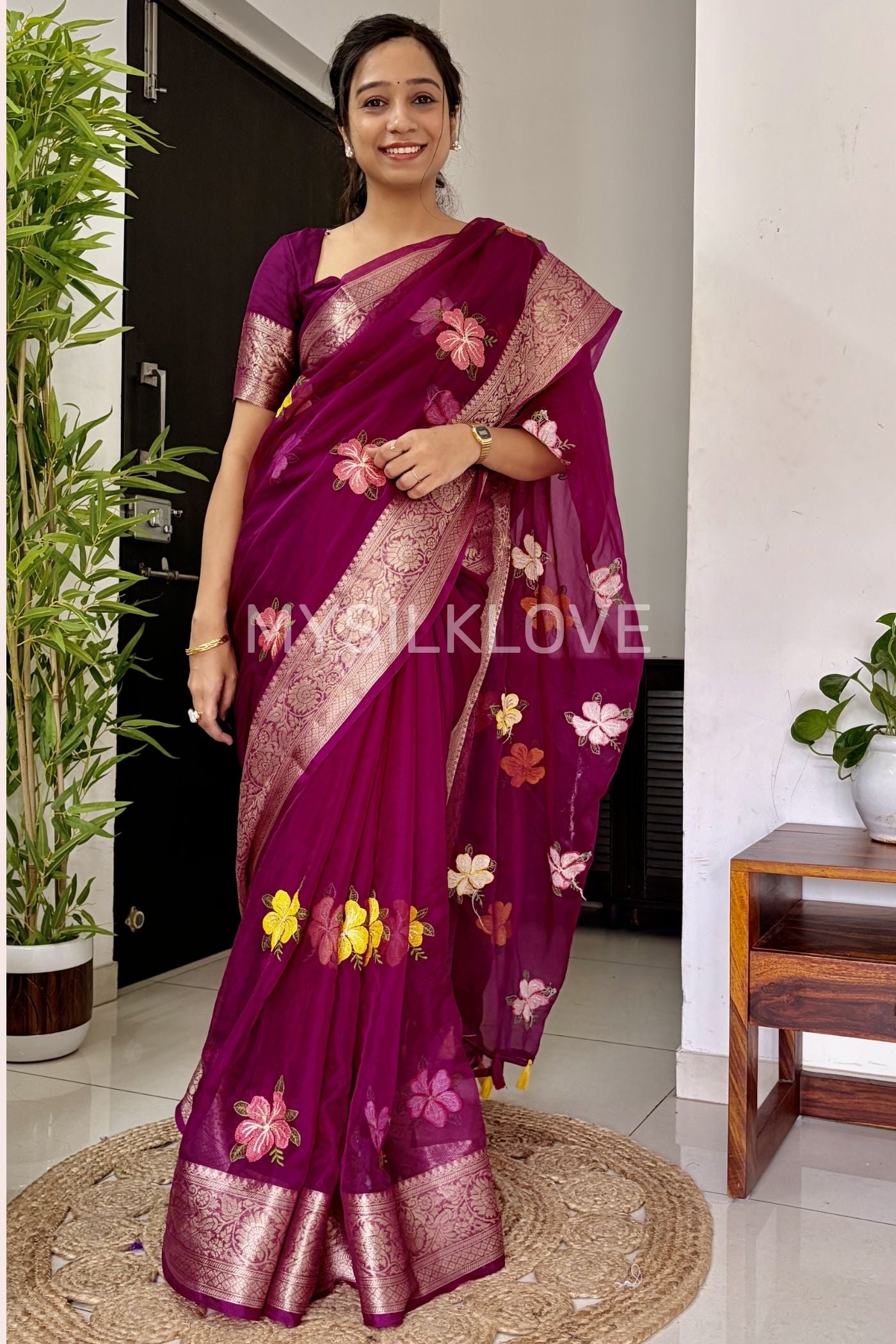 Buy MySilkLove Magenta Pink Woven Tissue Floral Saree Without Blouse Online