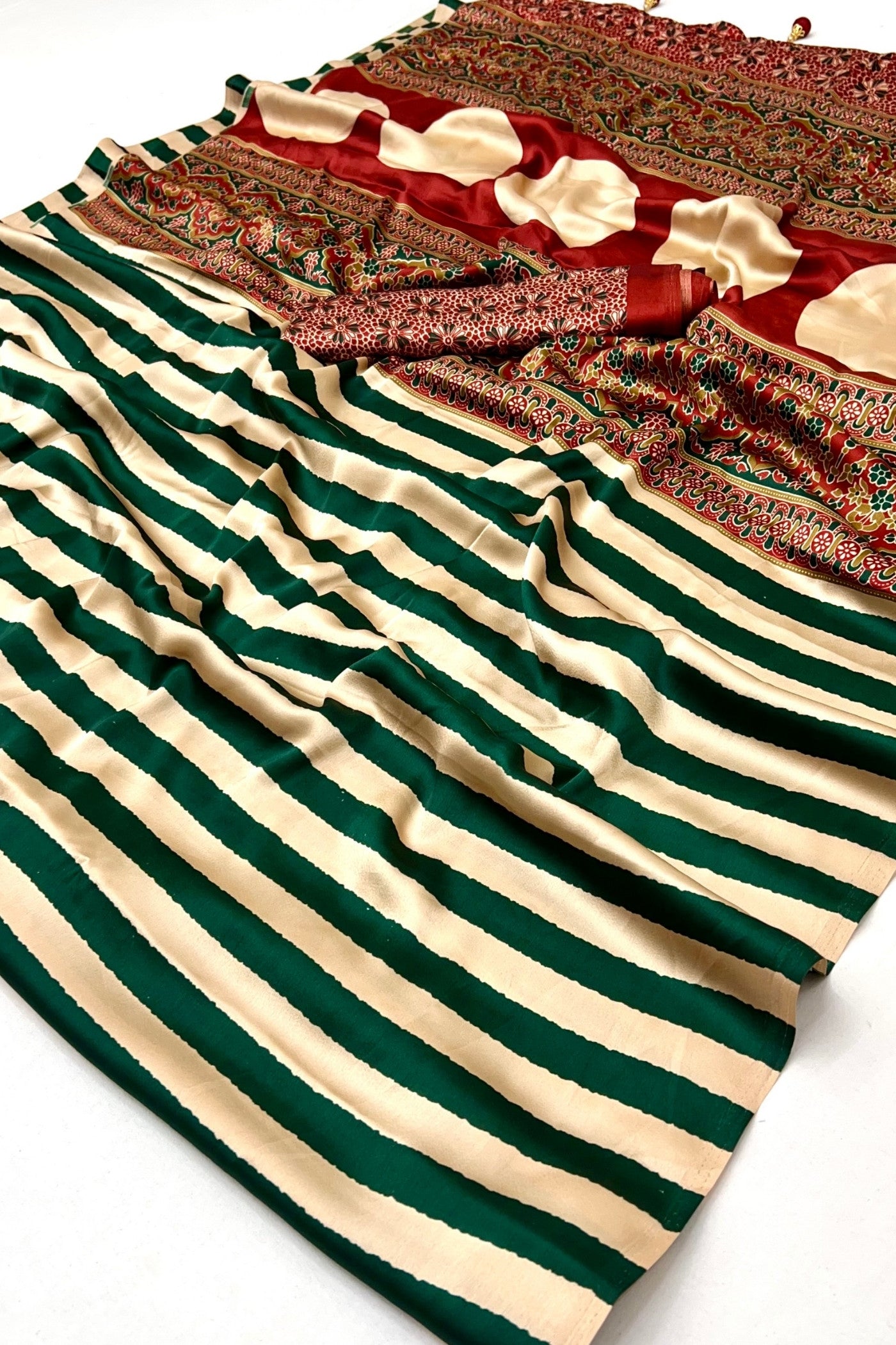 Buy MySilkLove Thyme Green Stripe Ajrakh Printed Satin Gaji Silk Saree Online