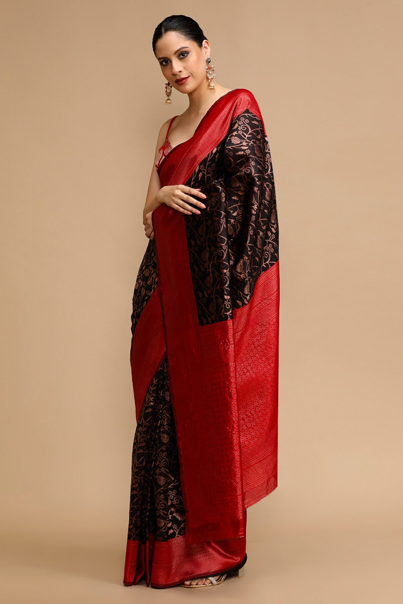 MySilkLove Bean Black and Red Woven Jacquard Lichi Silk Saree