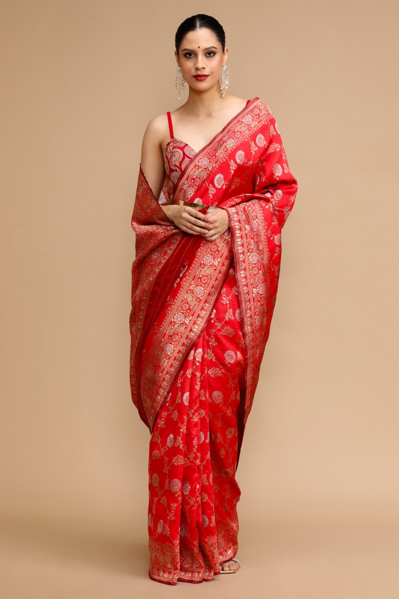 Buy MySilkLove Scarlet Red Woven Jacquard Lichi Silk Saree Online