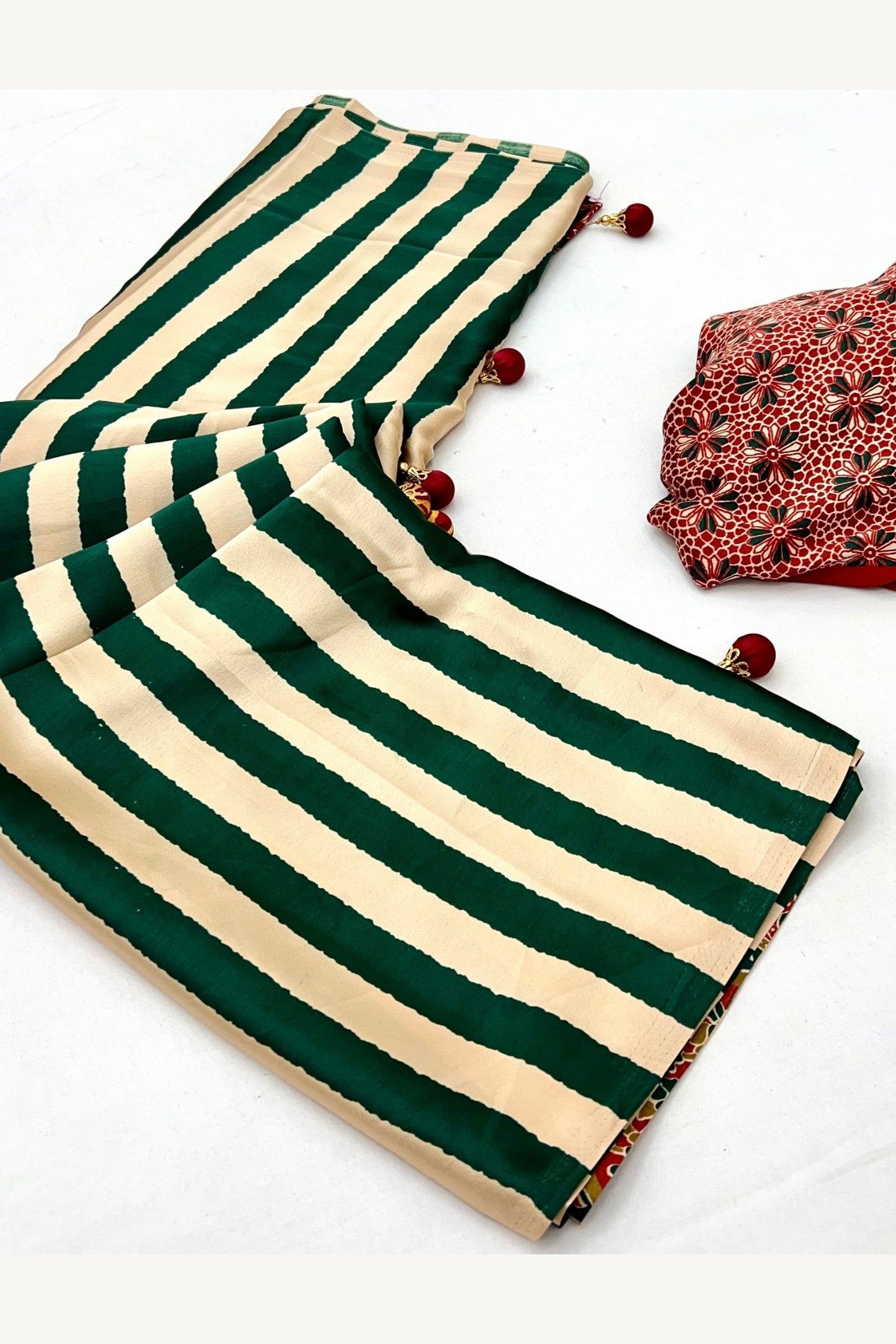 Buy MySilkLove Thyme Green Stripe Ajrakh Printed Satin Gaji Silk Saree Online