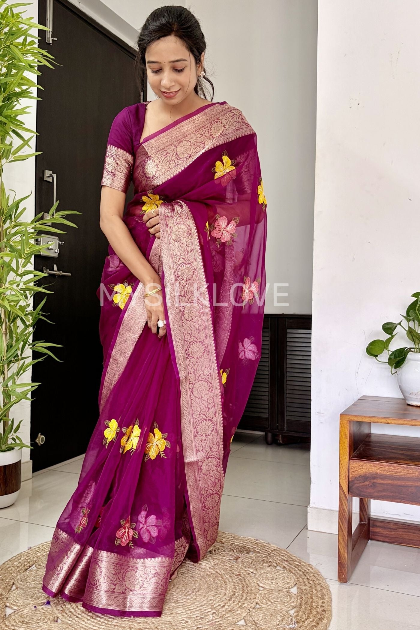 MySilkLove Magenta Pink Woven Tissue Floral Saree Without Blouse
