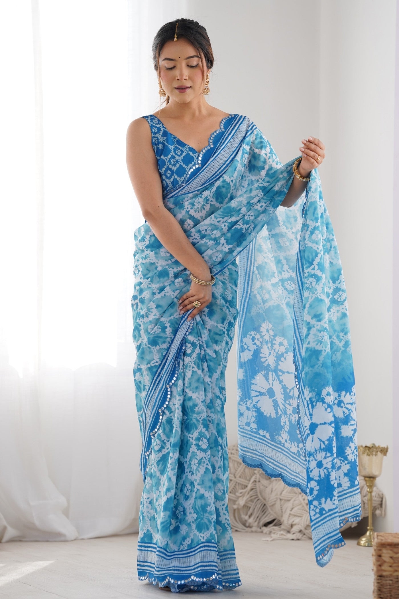 Buy MySilkLove Water Blue Digital Printed Chinon Saree Online