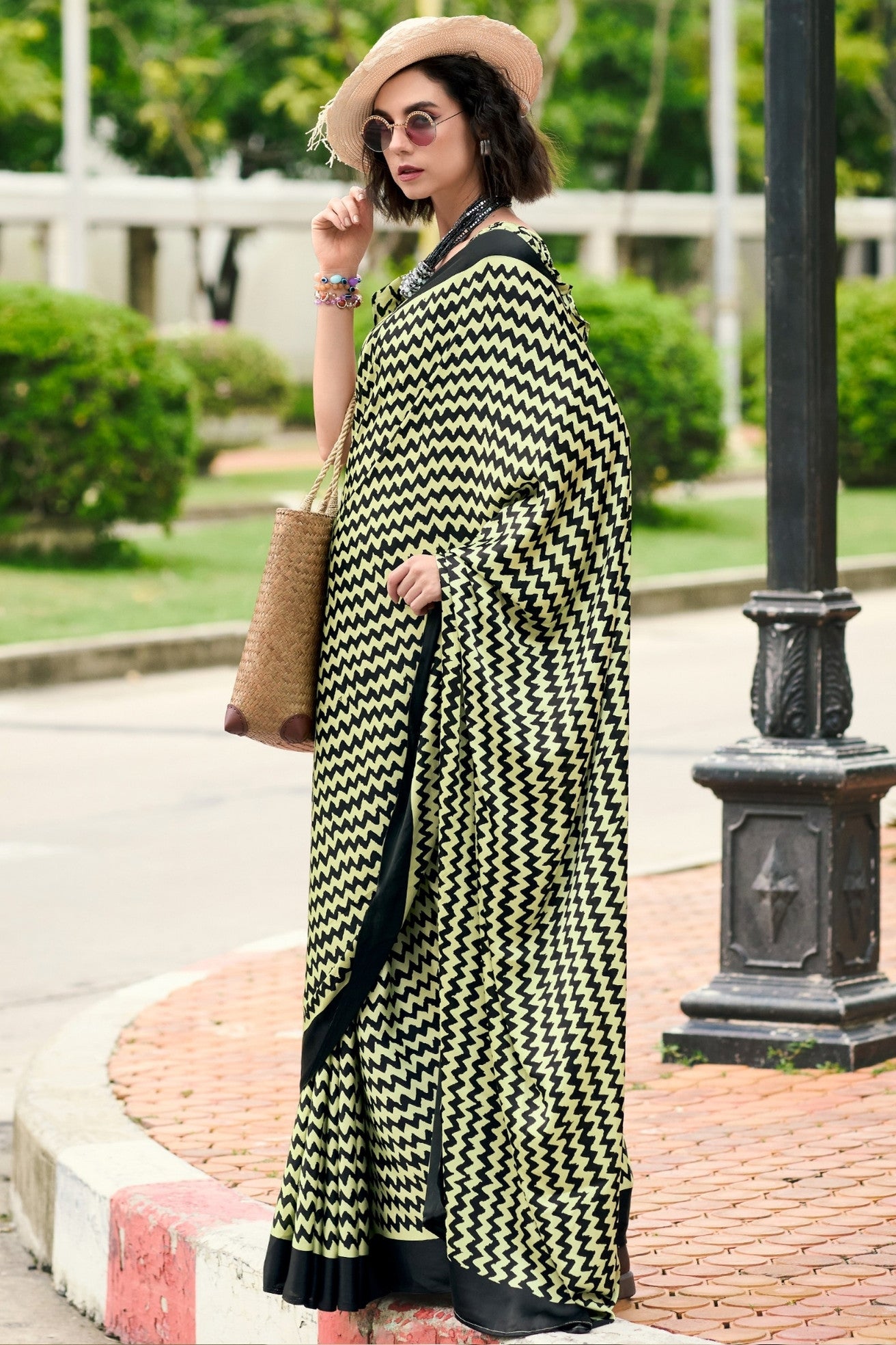 Buy MySilkLove Pickle Green Printed Satin Crepe Saree Online