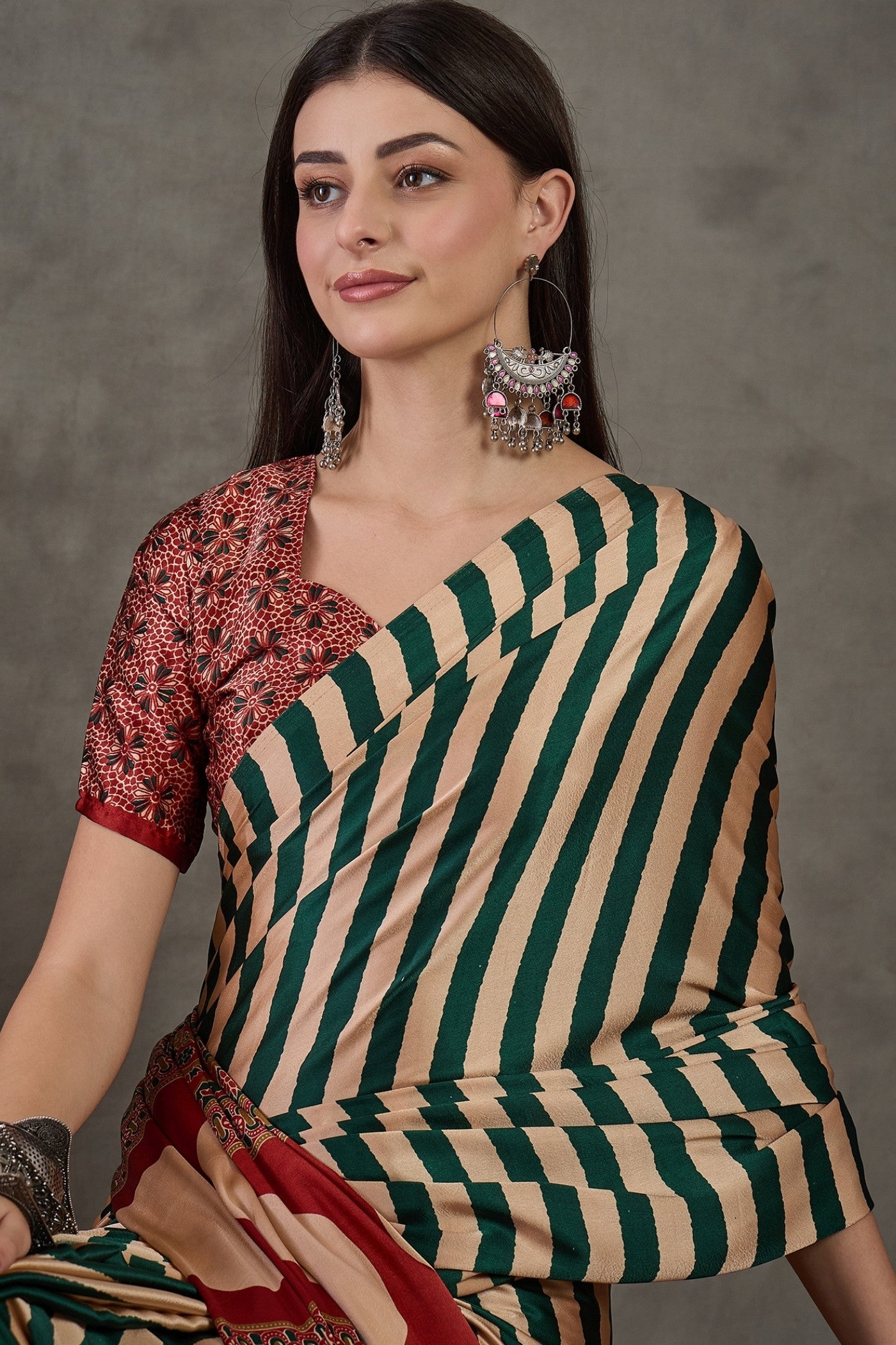 Buy MySilkLove Thyme Green Stripe Ajrakh Printed Satin Gaji Silk Saree Online