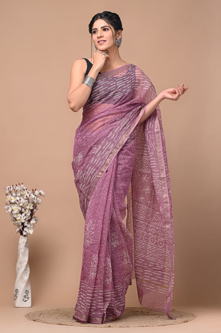 Buy MySilkLove Pink Pearl Handblock Kota Doriya Saree Online