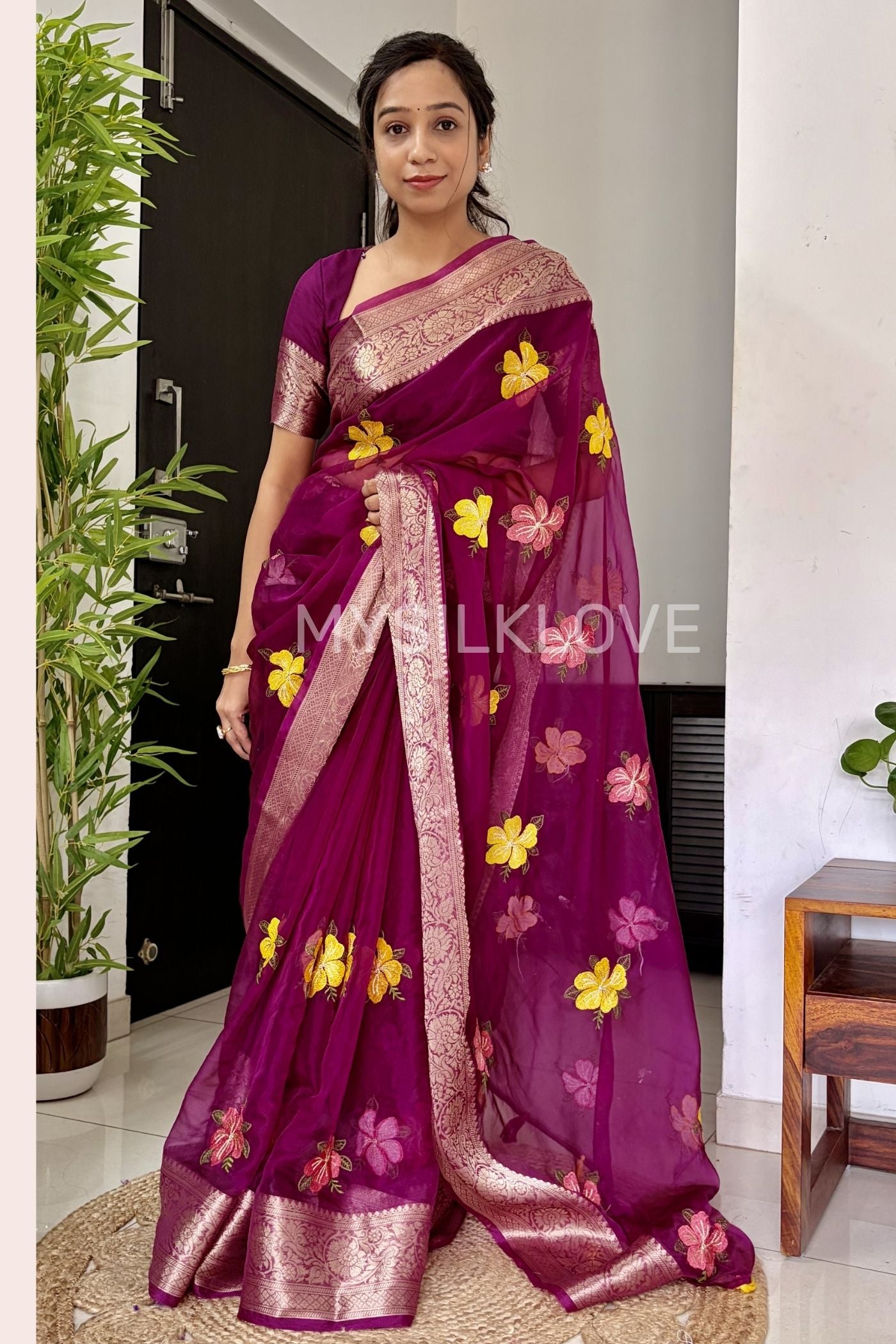 Buy MySilkLove Rose Pink Woven Tissue Floral Saree Online