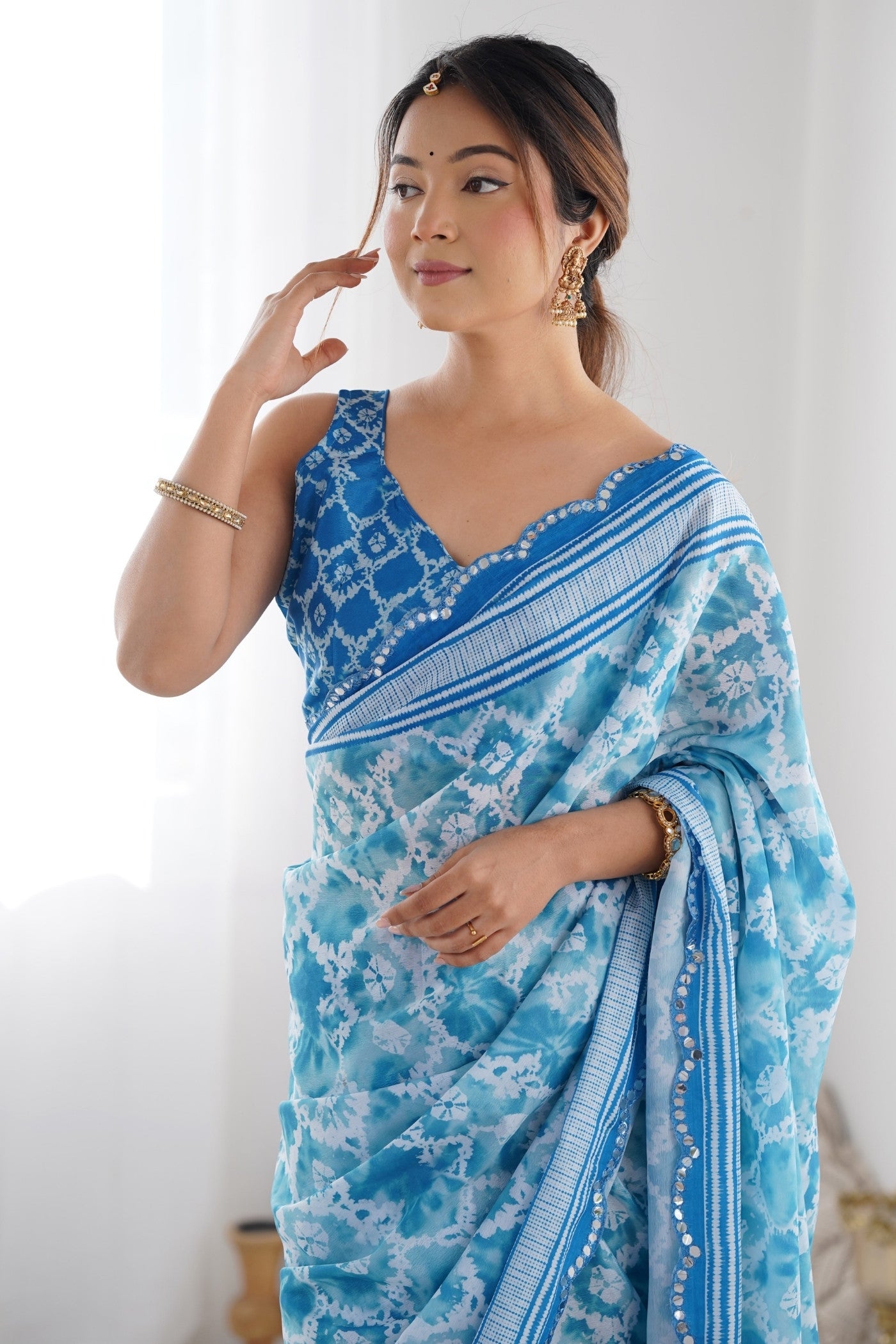 MySilkLove Water Blue Digital Printed Chinon Saree