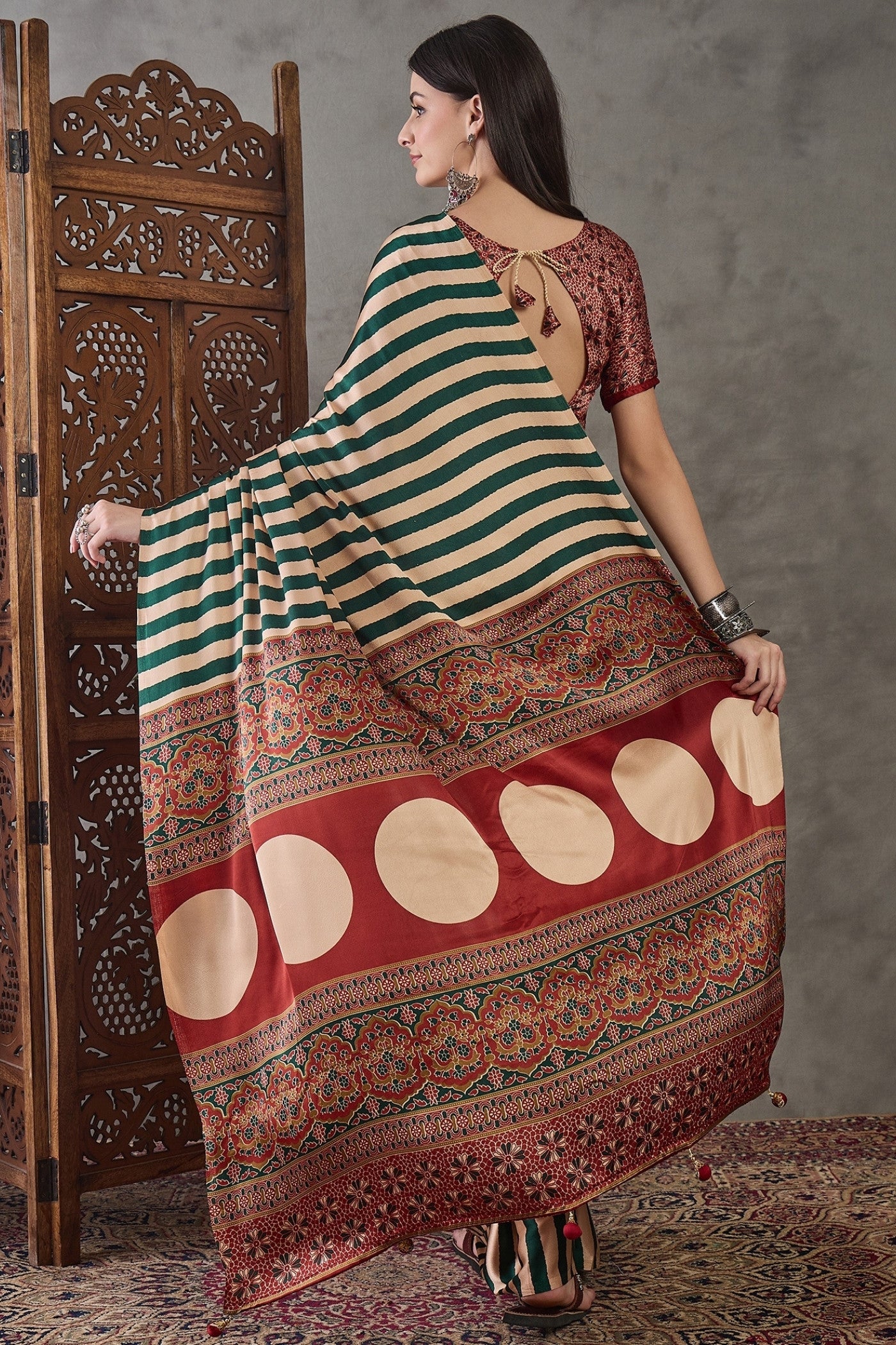 Buy MySilkLove Thyme Green Stripe Ajrakh Printed Satin Gaji Silk Saree Online