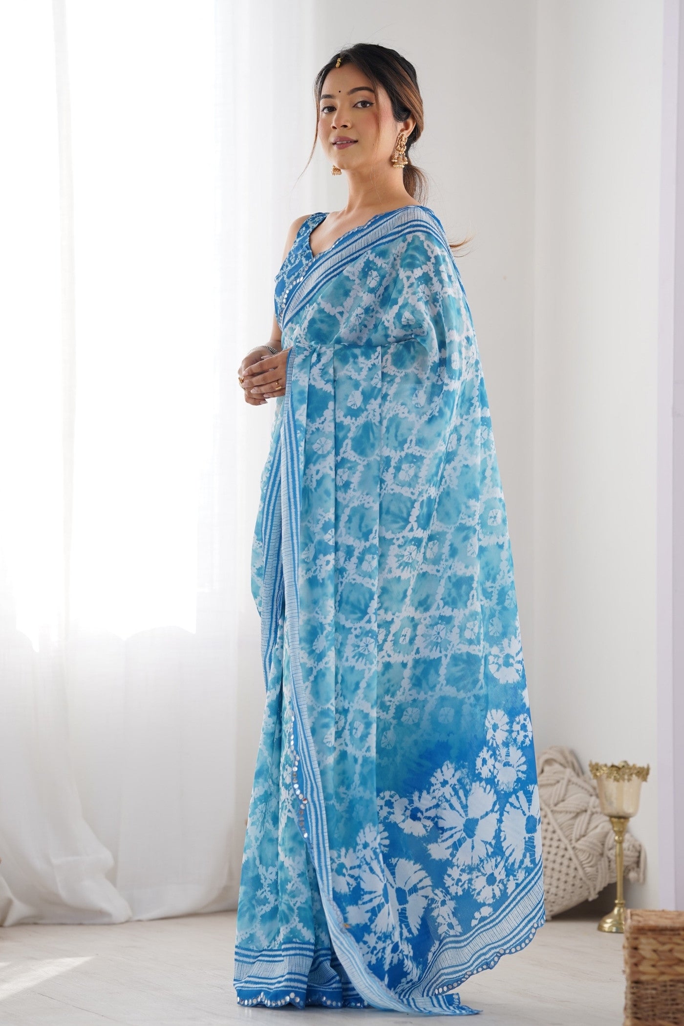 Buy MySilkLove Water Blue Digital Printed Chinon Saree Online