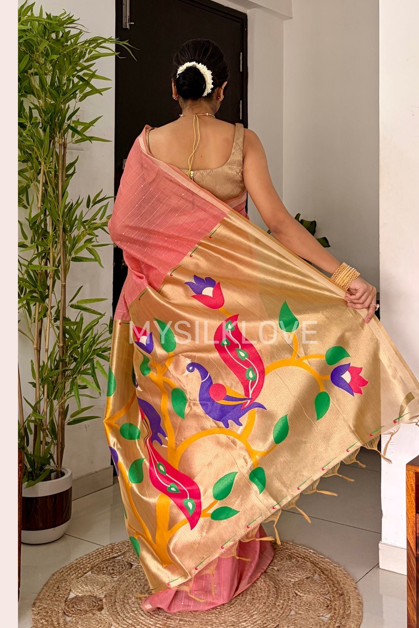 Buy MySilkLove Froly Pink Chanderi Paithani Saree with Peacock Pallu Online