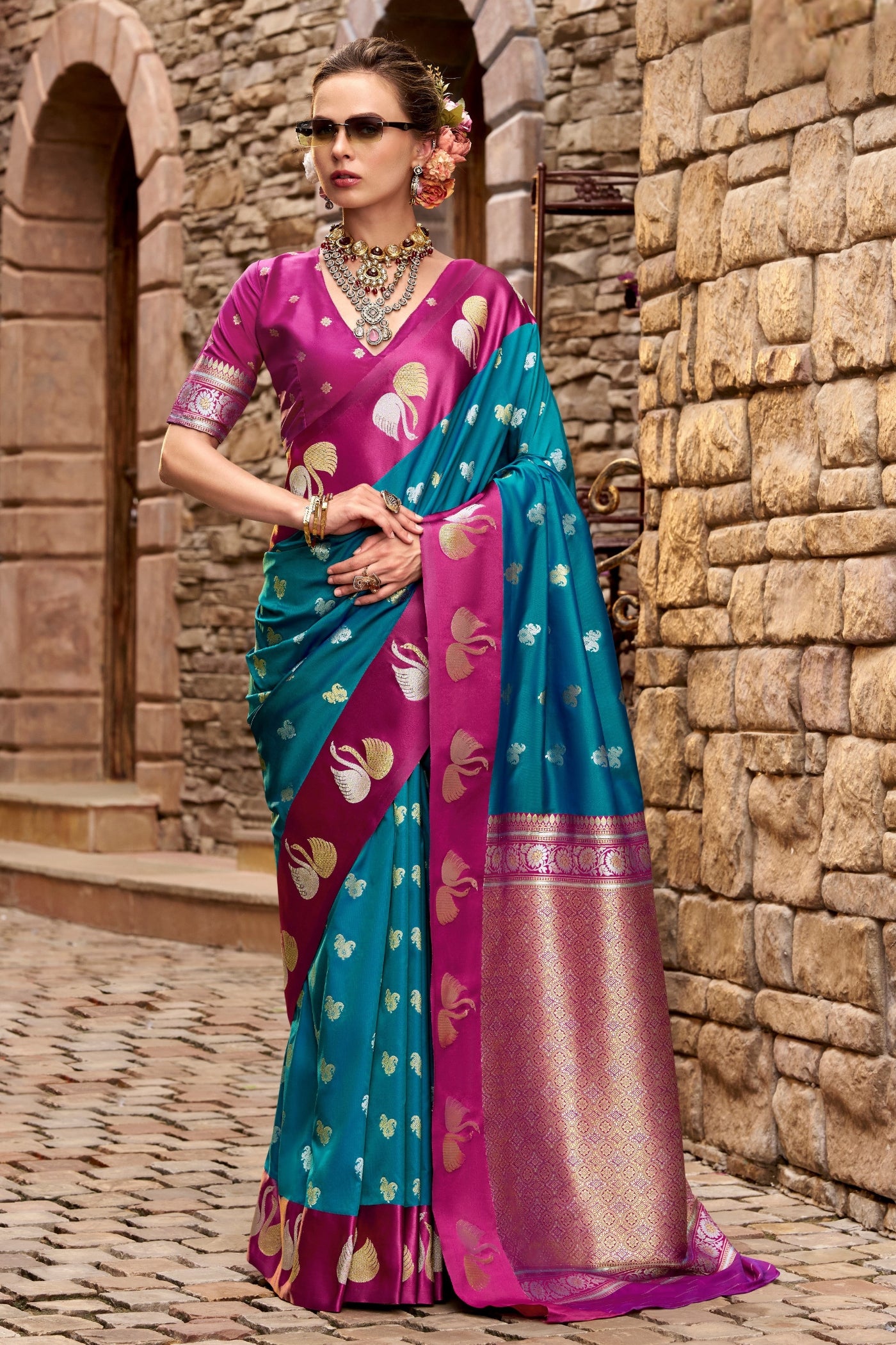Buy MySilkLove Trypan Blue Woven Satin Soft Silk Saree Online