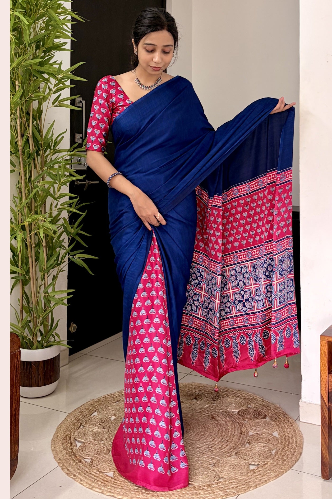 Buy MySilkLove Starlit Blue and Pink Ajrakh Printed Satin Crepe Silk Saree Online