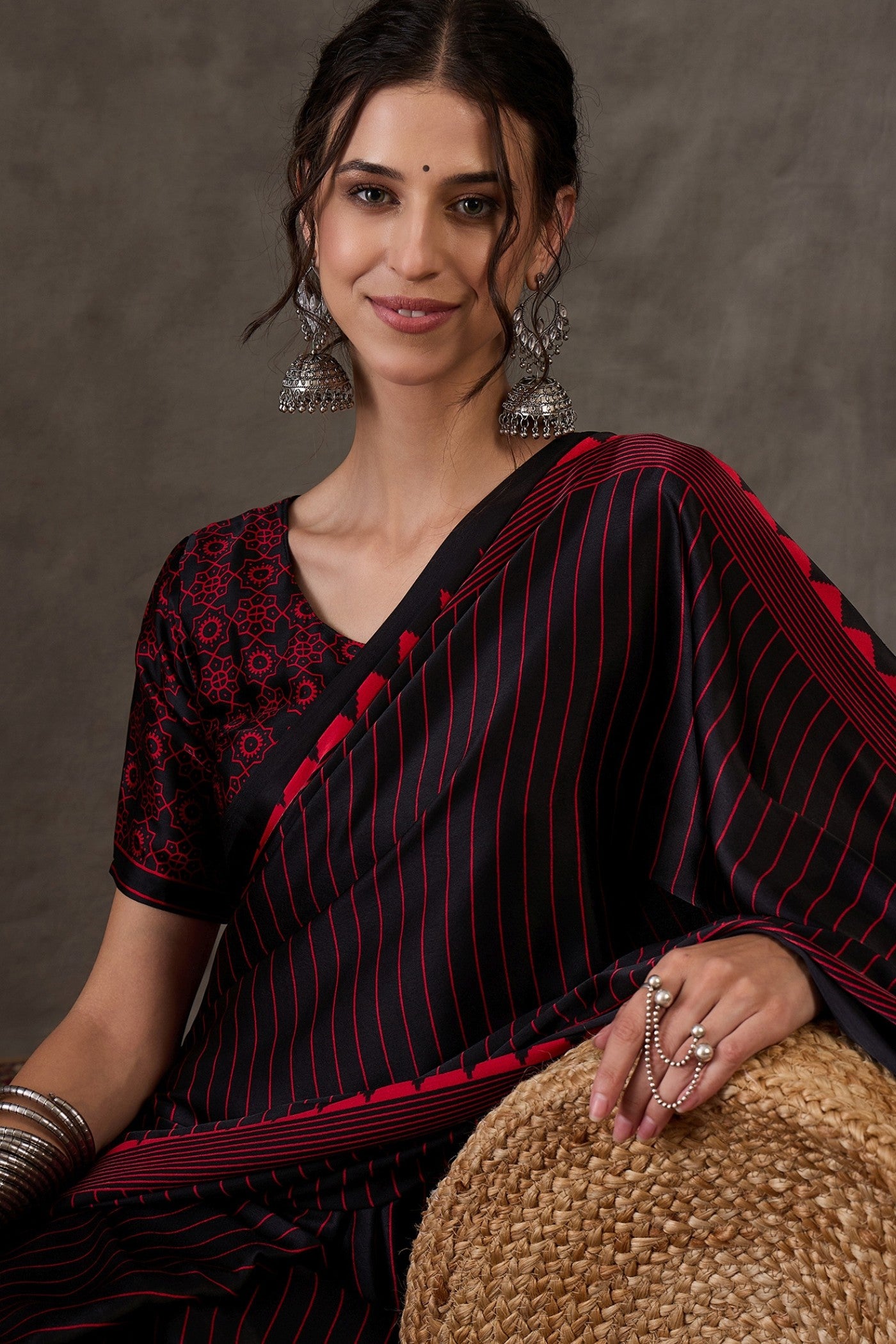 MySilkLove Retro Black and Red Printed Satin Gaji Silk Saree