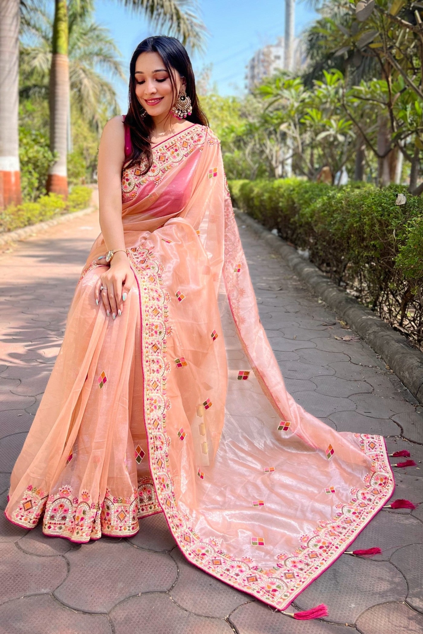 MySilkLove Rose Peach Embroidered Tissue Silk Saree