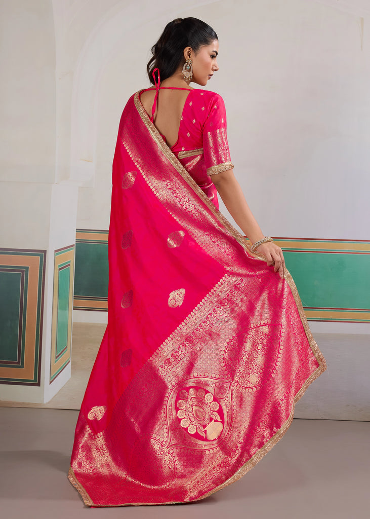 Buy MySilkLove Solid Pink Woven Banarasi Satin Silk Saree Online