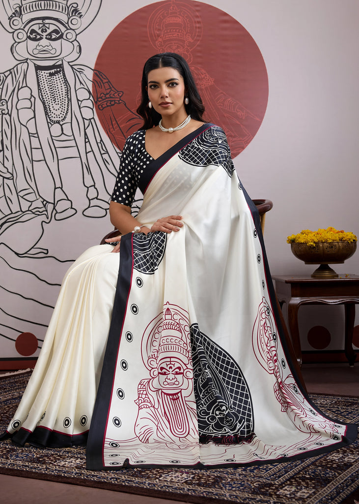 Buy MySilkLove Cool Black and White Printed Satin Crepe Silk Saree Online