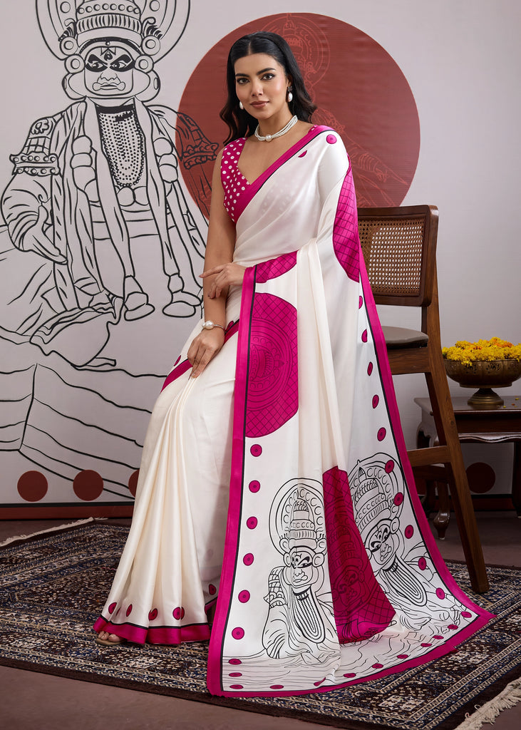 Buy MySilkLove Ultra Pink and White Printed Satin Crepe Silk Saree Online
