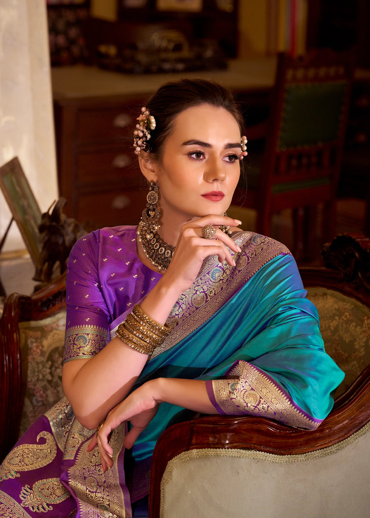 MySilkLove Cyan Blue Woven Banarasi Soft Silk Saree