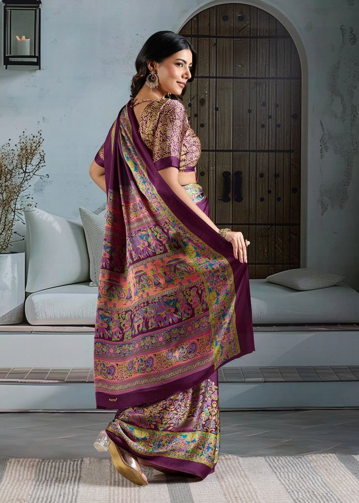 Buy MySilkLove Impurple Purple Printed Satin Crepe Silk Saree Online