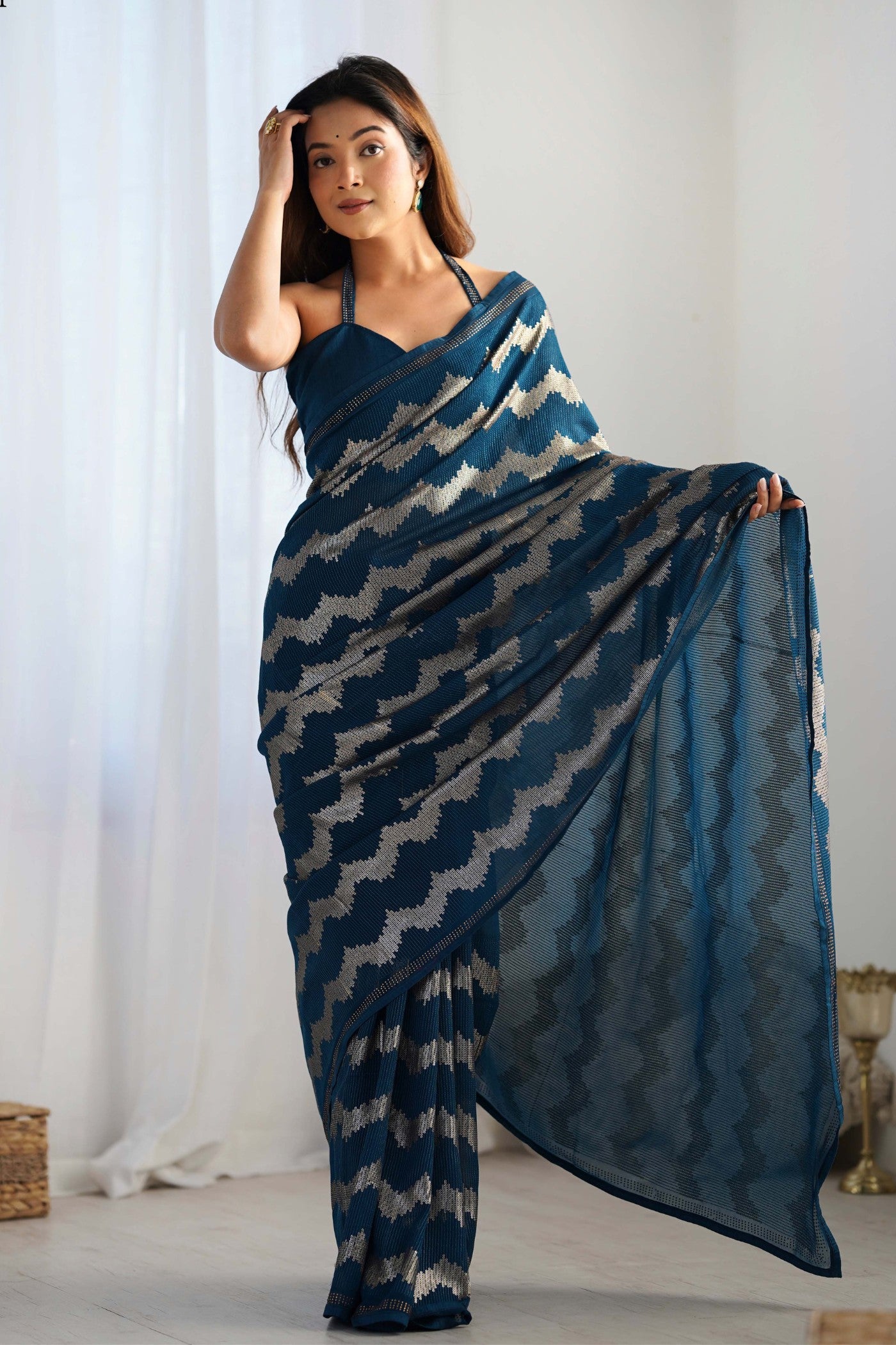 Buy MySilkLove Indigo Blue Embroidered Partywear Saree Online