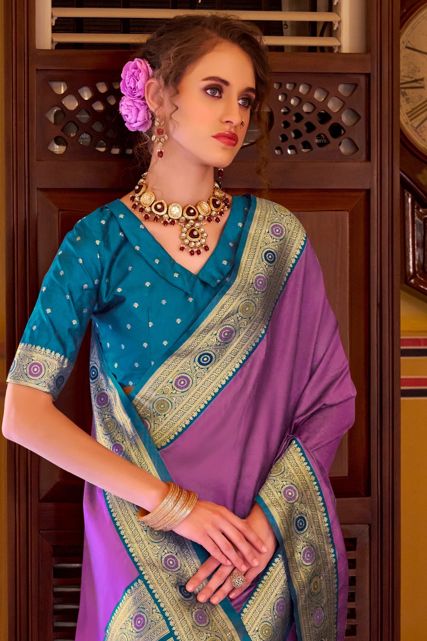 MySilkLove Dark Violet Purple Woven Banarasi Soft Silk Saree