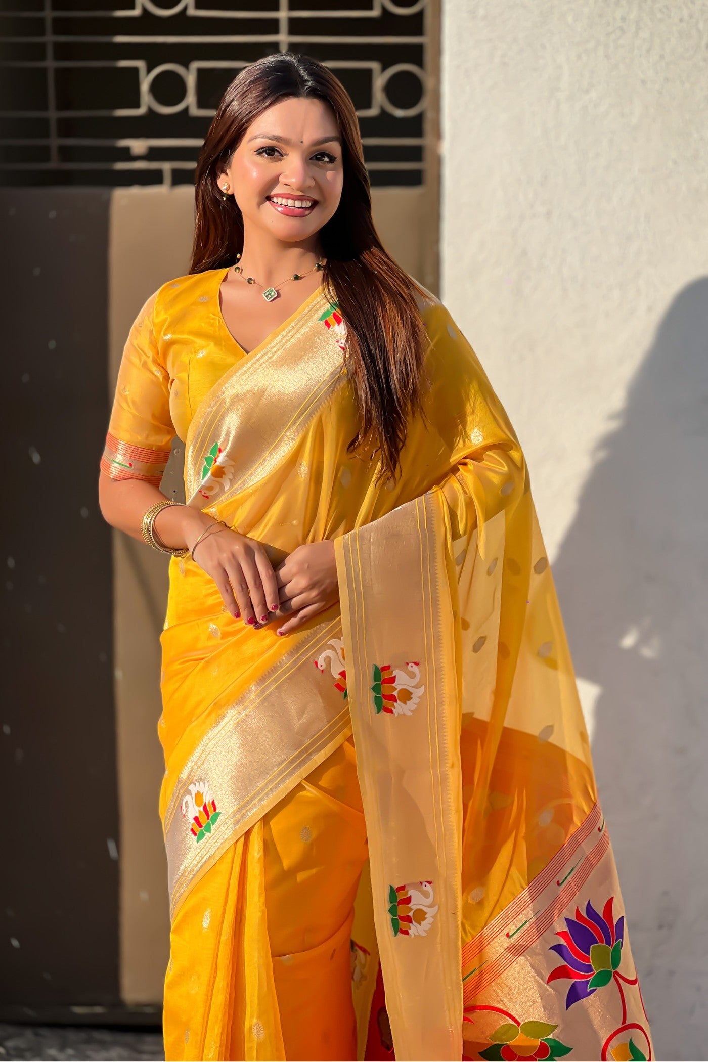 Buy MySilkLove Sunflower Yellow Organza Woven Paithani Saree Online