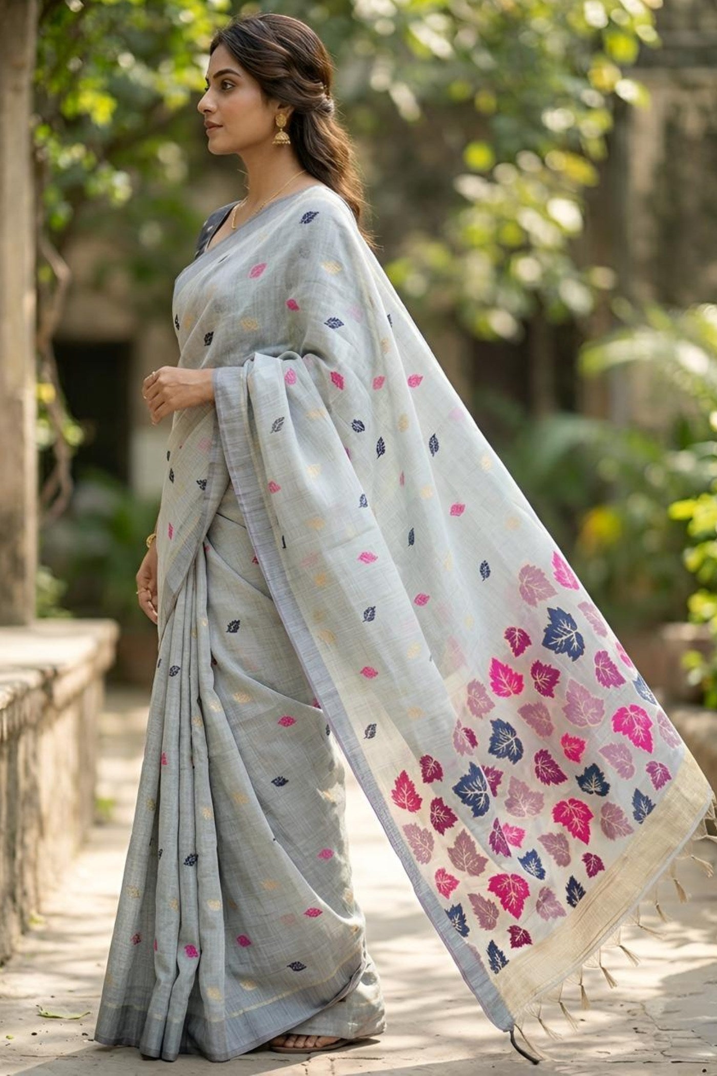 Buy MySilkLove Frost Grey Woven Linen Saree Online