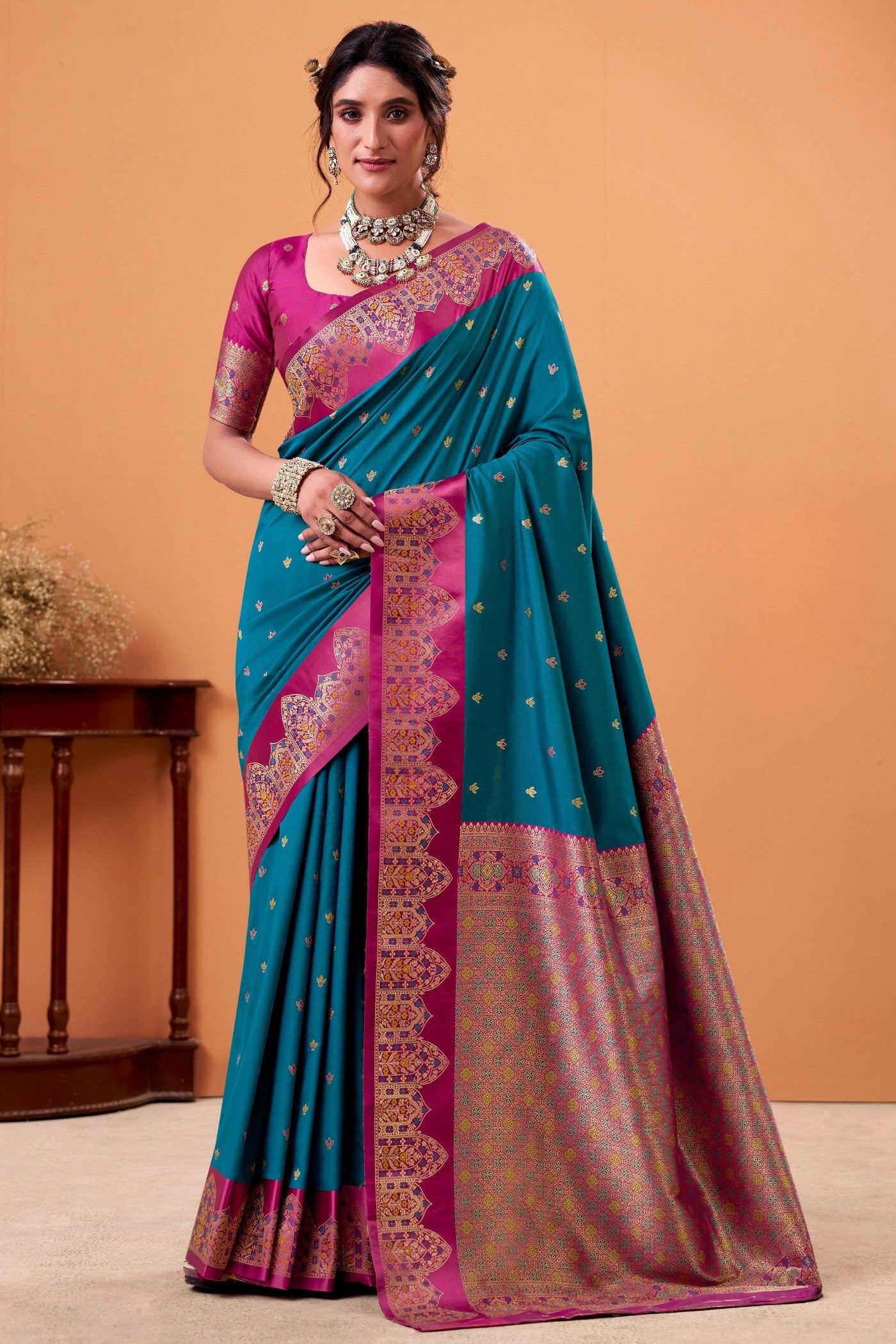 Buy MySilkLove Peacock Blue Woven Satin Soft Silk Saree Online