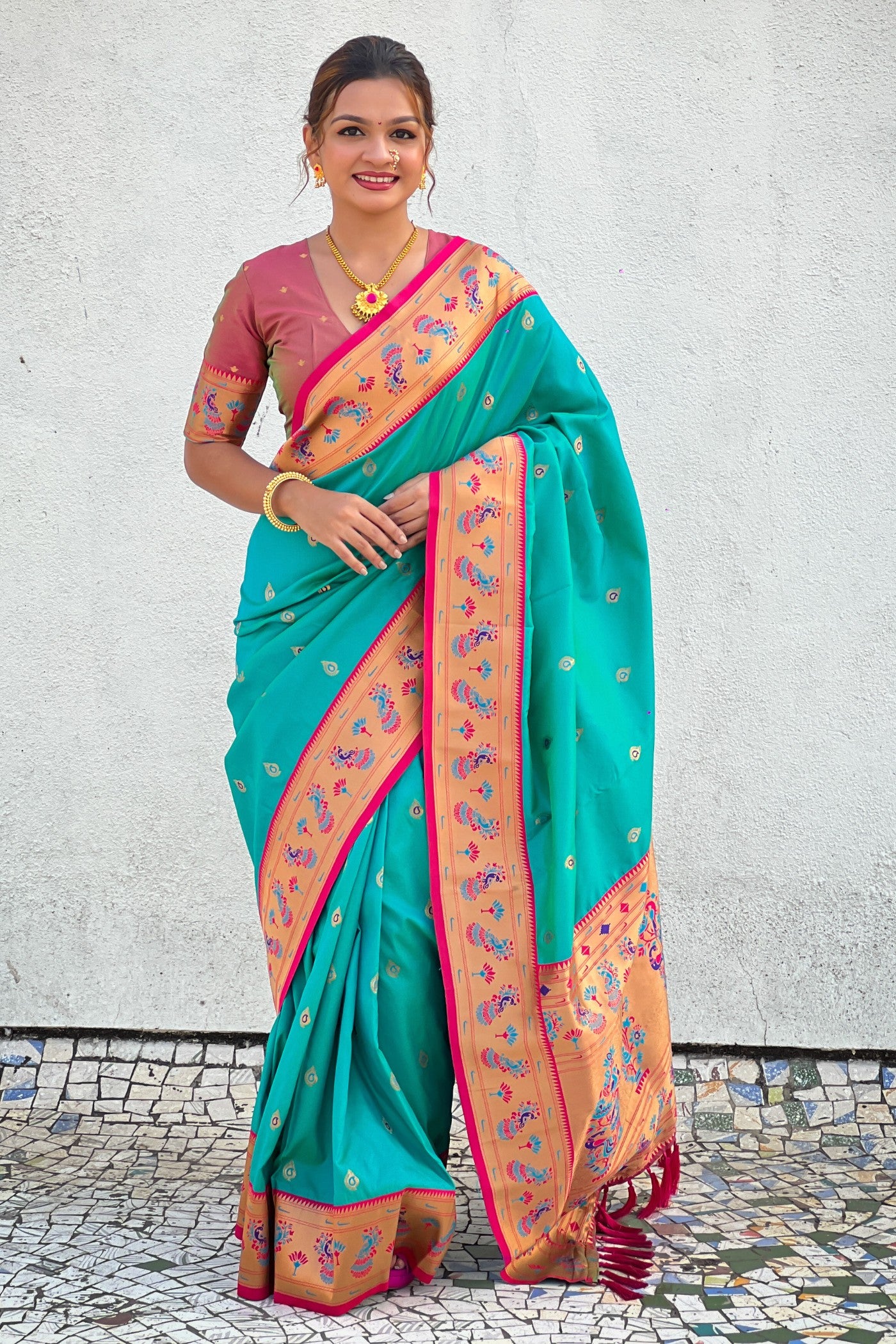 Buy MySilkLove Bright Turquoise Blue Woven Lotus Paithani Saree Online