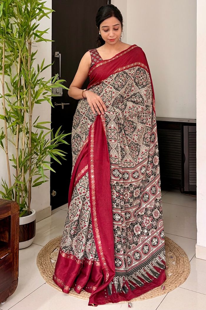 Buy MySilkLove Beige Red and Red Modal Ajrakh Satin Printed Mirror Work Saree Online