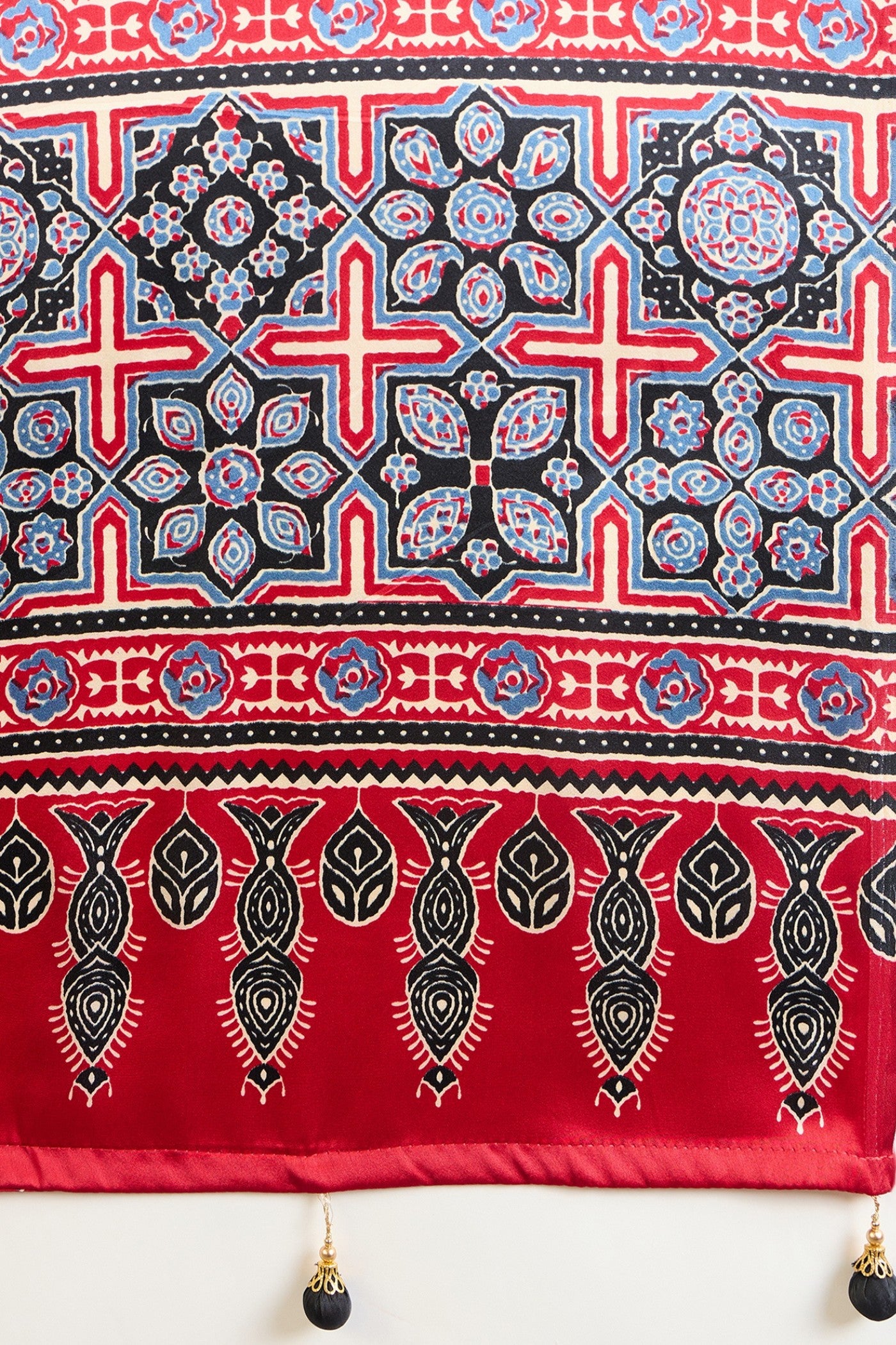 Buy MySilkLove Mini Black and Red Ajrakh Printed Satin Crepe Silk Saree Online