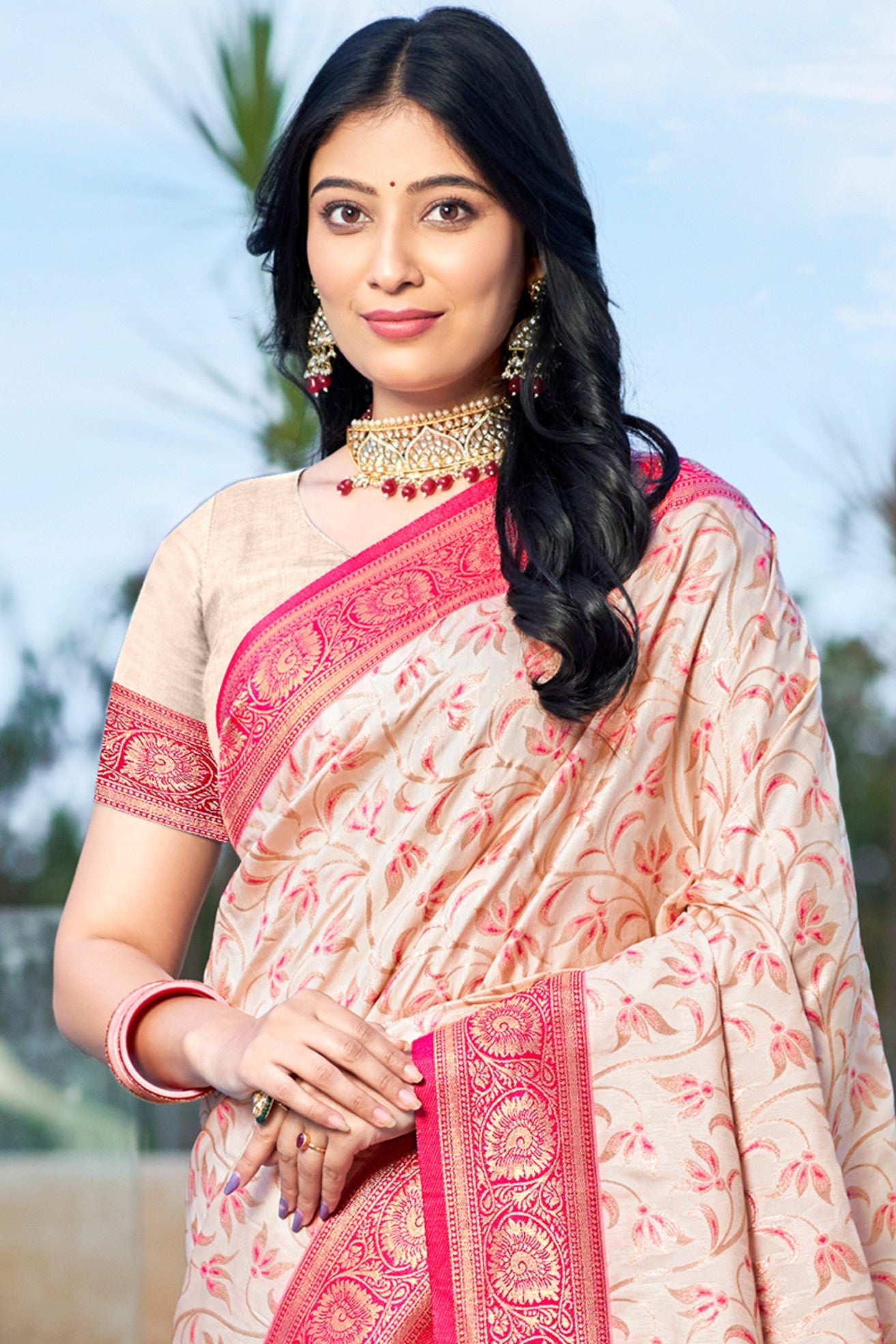 Buy MySilkLove Bright Cream and Pink Woven Banarasi Saree Online