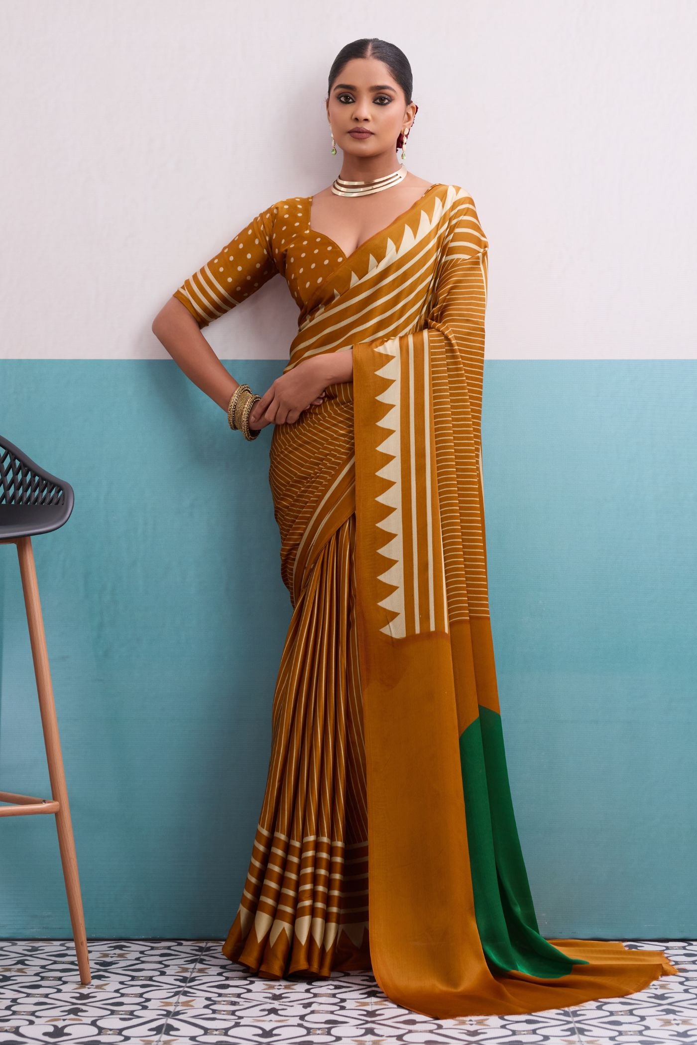 Buy MySilkLove Sunbeam Yellow Stripe Ajrakh Printed Satin Crepe Silk Saree Online