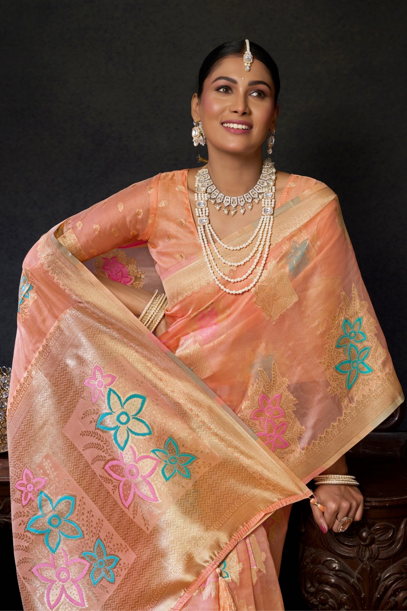 Buy MySilkLove Plum Peach Woven Banarasi Organza Saree Online