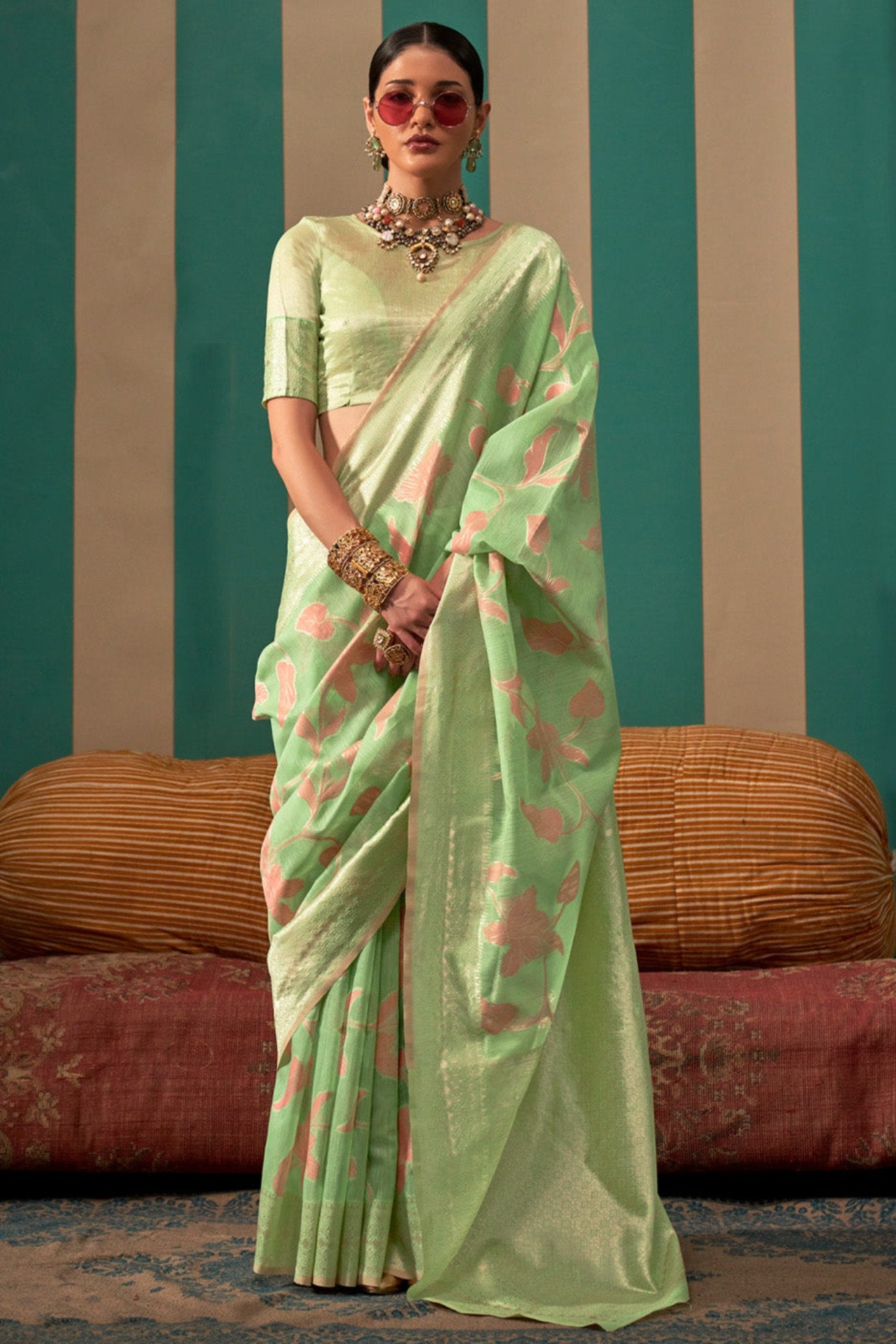 Buy MySilkLove Pista Green Woven Banarasi Linen Saree Online